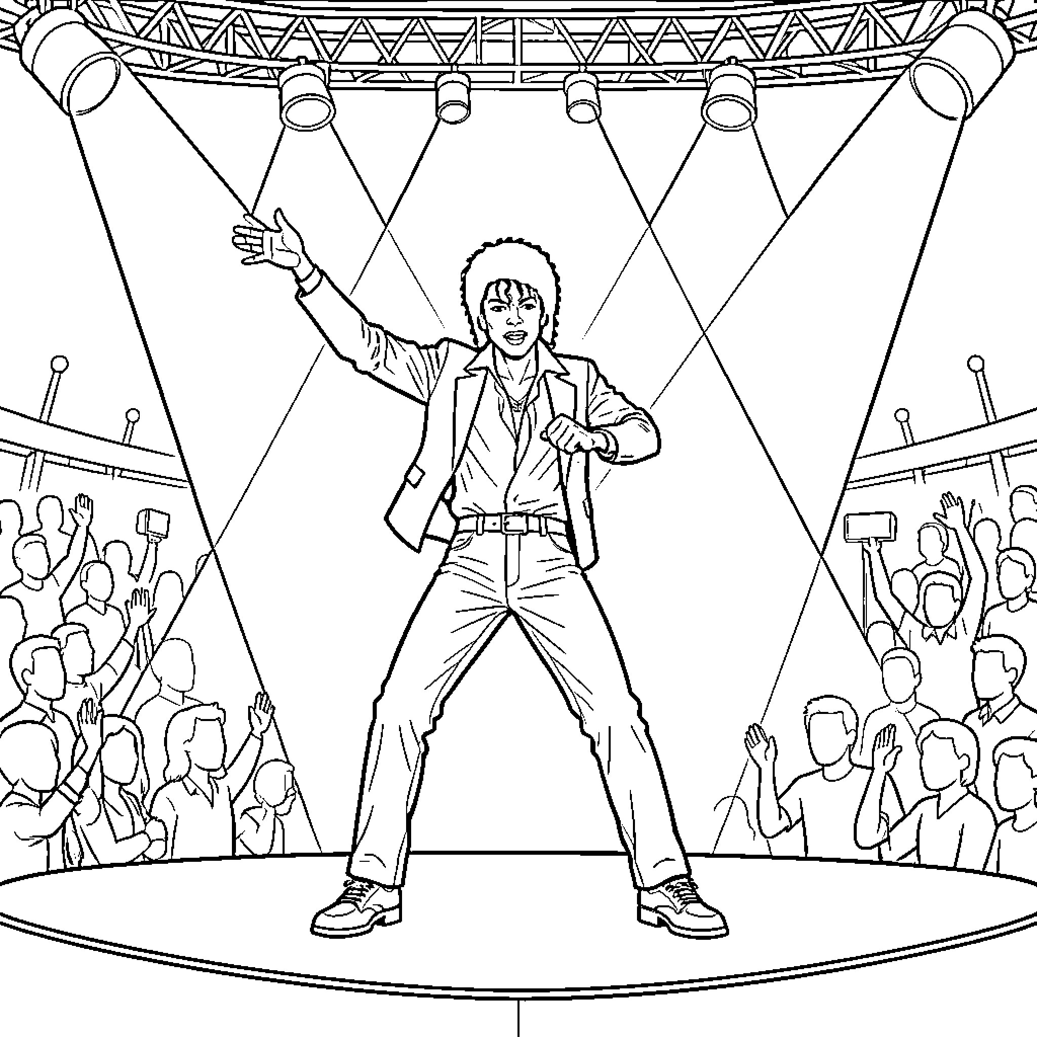 Michael Jackson performing on stage before a cheering crowd Coloring Page (free black-and-white line drawing printable PDF for all, from beginners to advanced learners, including children, teens, adults, and seniors)