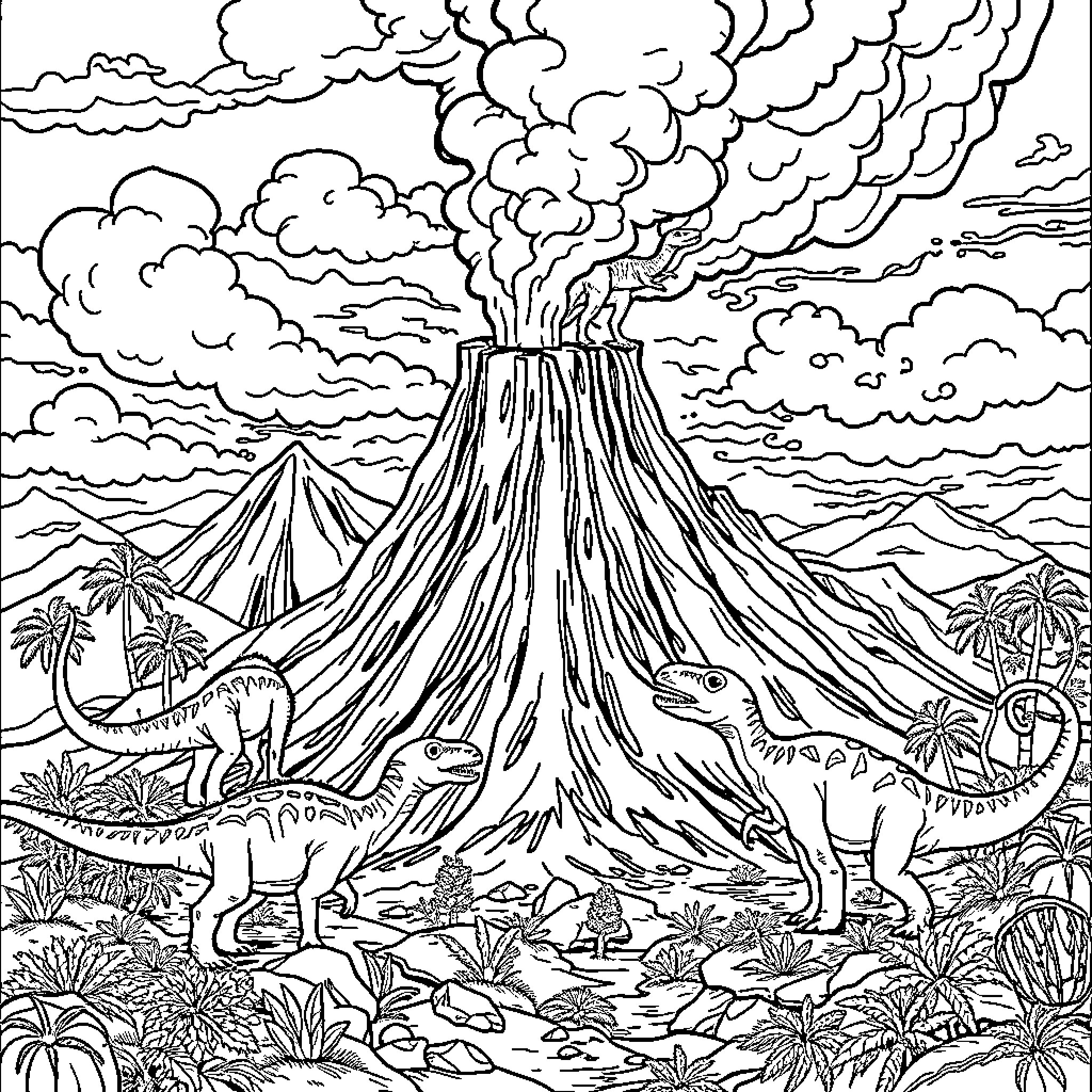 Dinosaurs observing volcanic eruption in prehistoric landscape Coloring Page (free black-and-white line drawing printable PDF for all, from beginners to advanced learners, including children, teens, adults, and seniors)