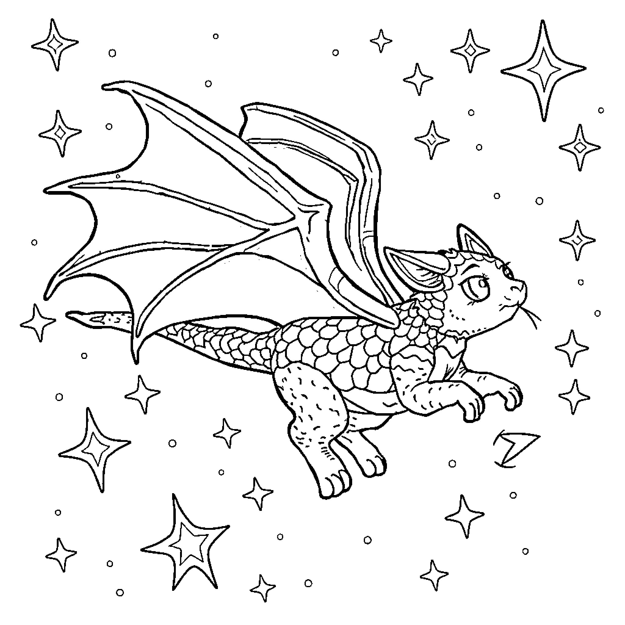 Dragon Cat playing among the stars Coloring Page (free black-and-white line drawing printable PDF for all, from beginners to advanced learners, including children, teens, adults, and seniors)
