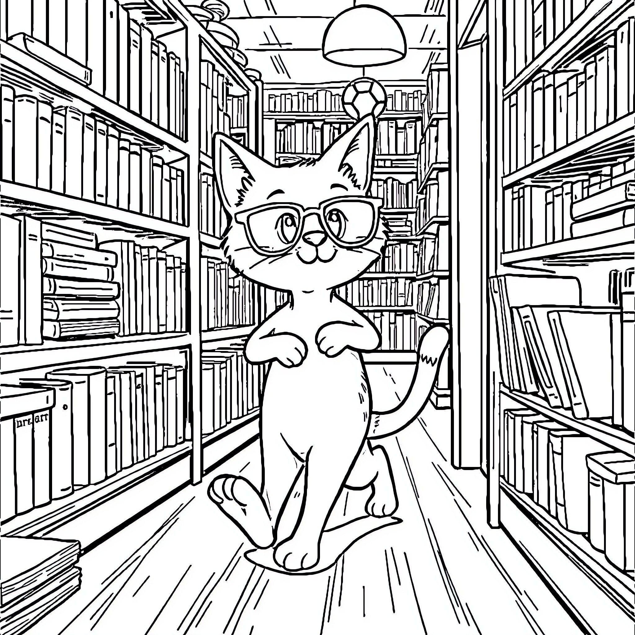 Cat exploring the library among bookshelves Coloring Page (free black-and-white line drawing printable PDF for all, from beginners to advanced learners, including children, teens, adults, and seniors)
