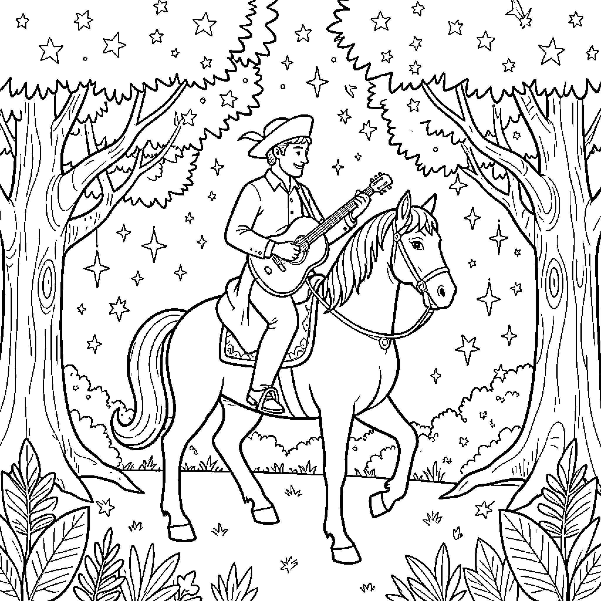 Musician riding a horse while playing guitar in woods Coloring Page (free black-and-white line drawing printable PDF for all, from beginners to advanced learners, including children, teens, adults, and seniors)