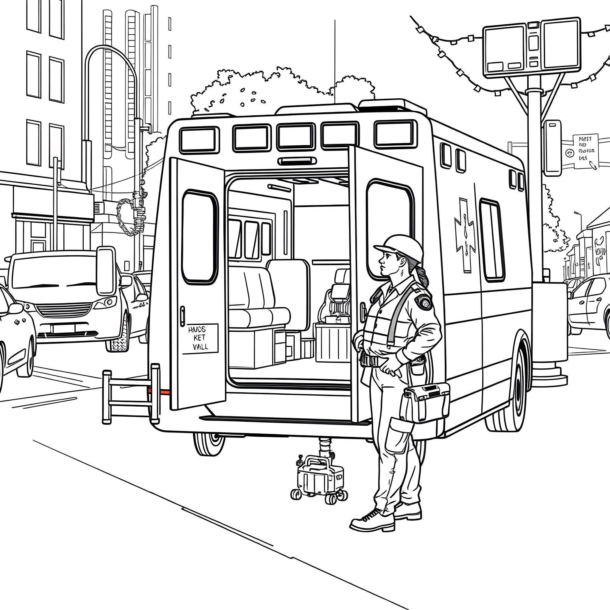 Ambulance Responding to Emergency in City Street Coloring Page (free black-and-white line drawing printable PDF for all, from beginners to advanced learners, including children, teens, adults, and seniors)