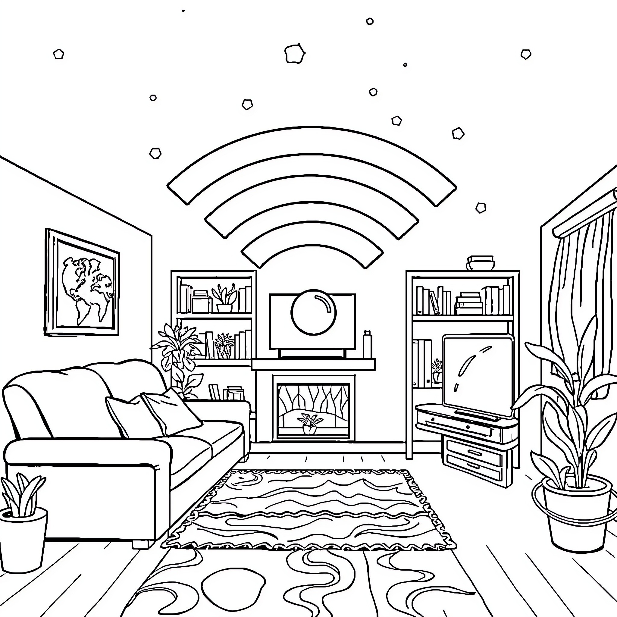 Megawifi connected living room with artwork Coloring Page (free black-and-white line drawing printable PDF for all, from beginners to advanced learners, including children, teens, adults, and seniors)