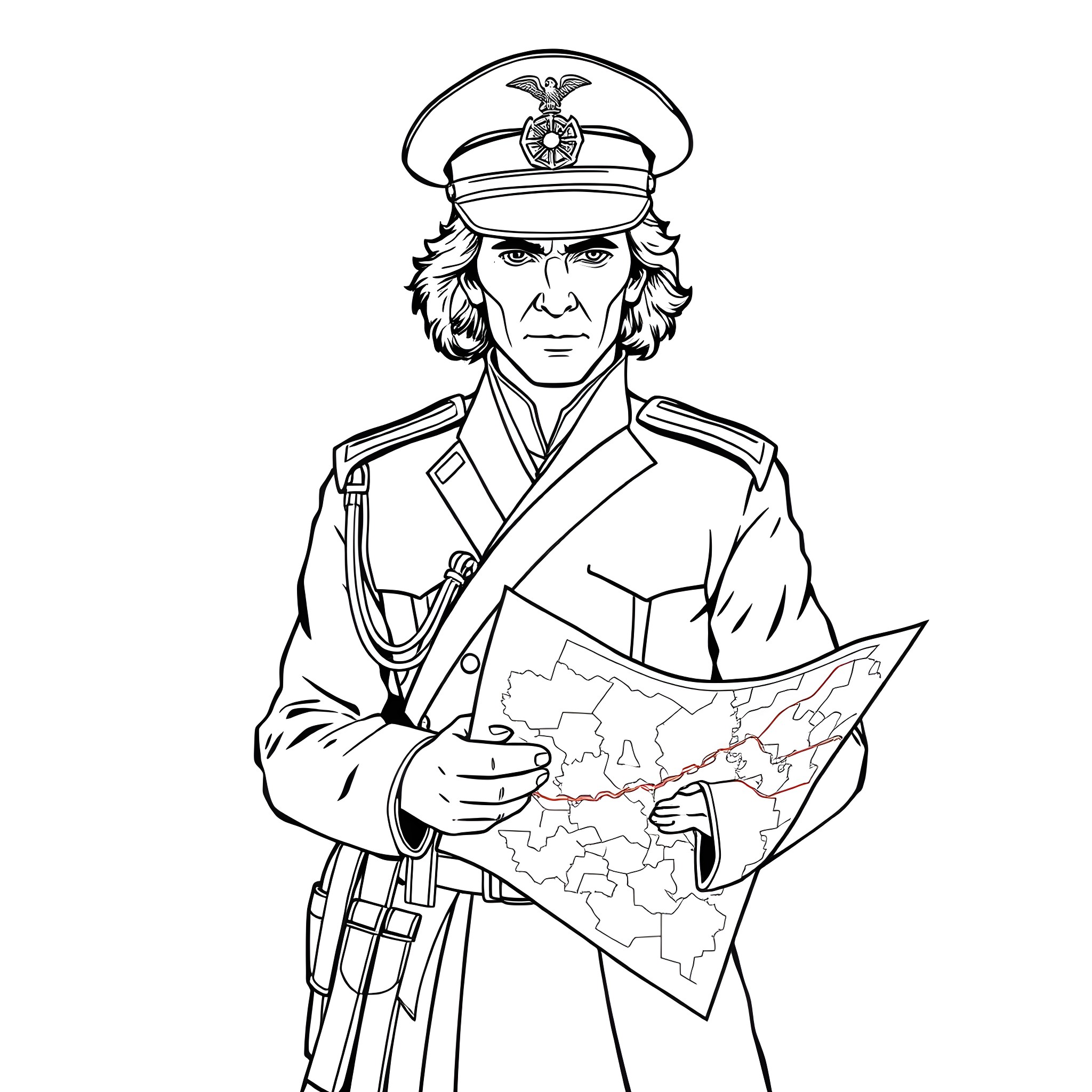 Anakin Skywalker as a military officer studying a map Coloring Page (free black-and-white line drawing printable PDF for all, from beginners to advanced learners, including children, teens, adults, and seniors)