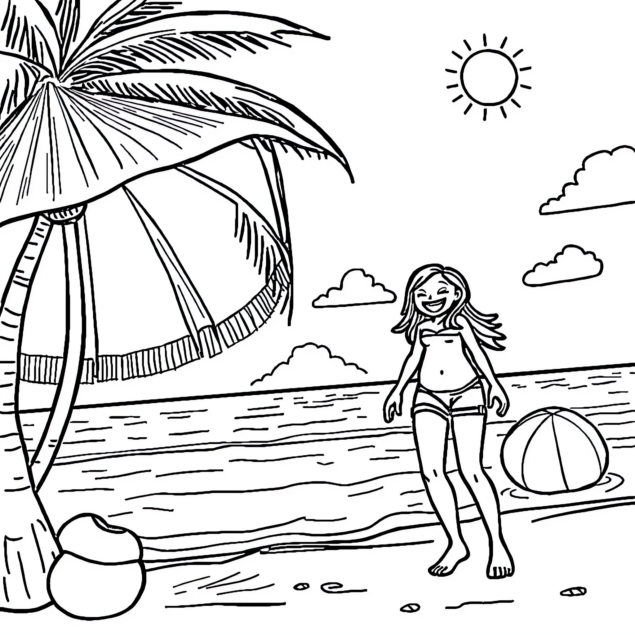 Beach scene with girl and beach umbrella Coloring Page (free black-and-white line drawing printable PDF for all, from beginners to advanced learners, including children, teens, adults, and seniors)