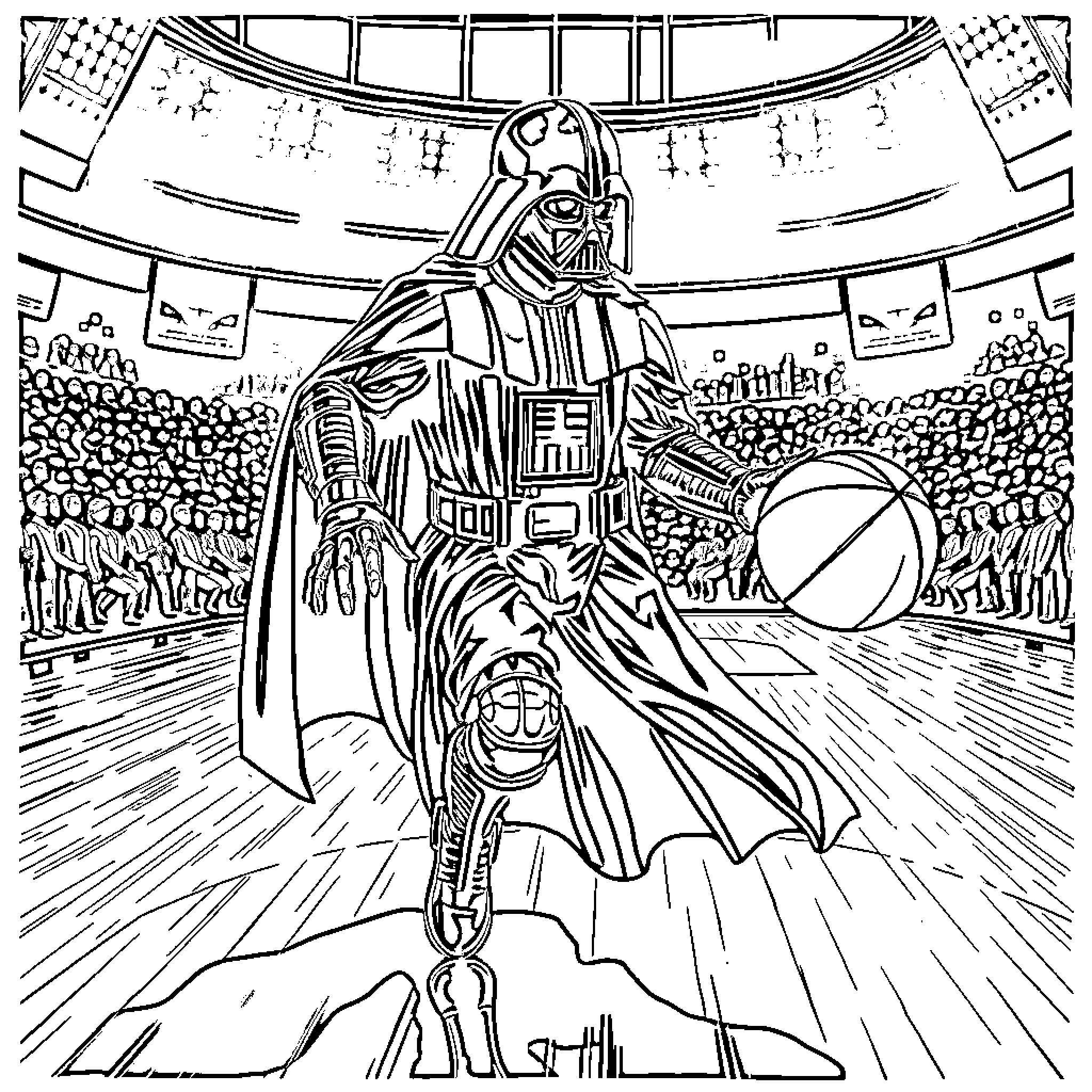Darth Vader commanding an imperial army Coloring Page (free black-and-white line drawing printable PDF for all, from beginners to advanced learners, including children, teens, adults, and seniors)