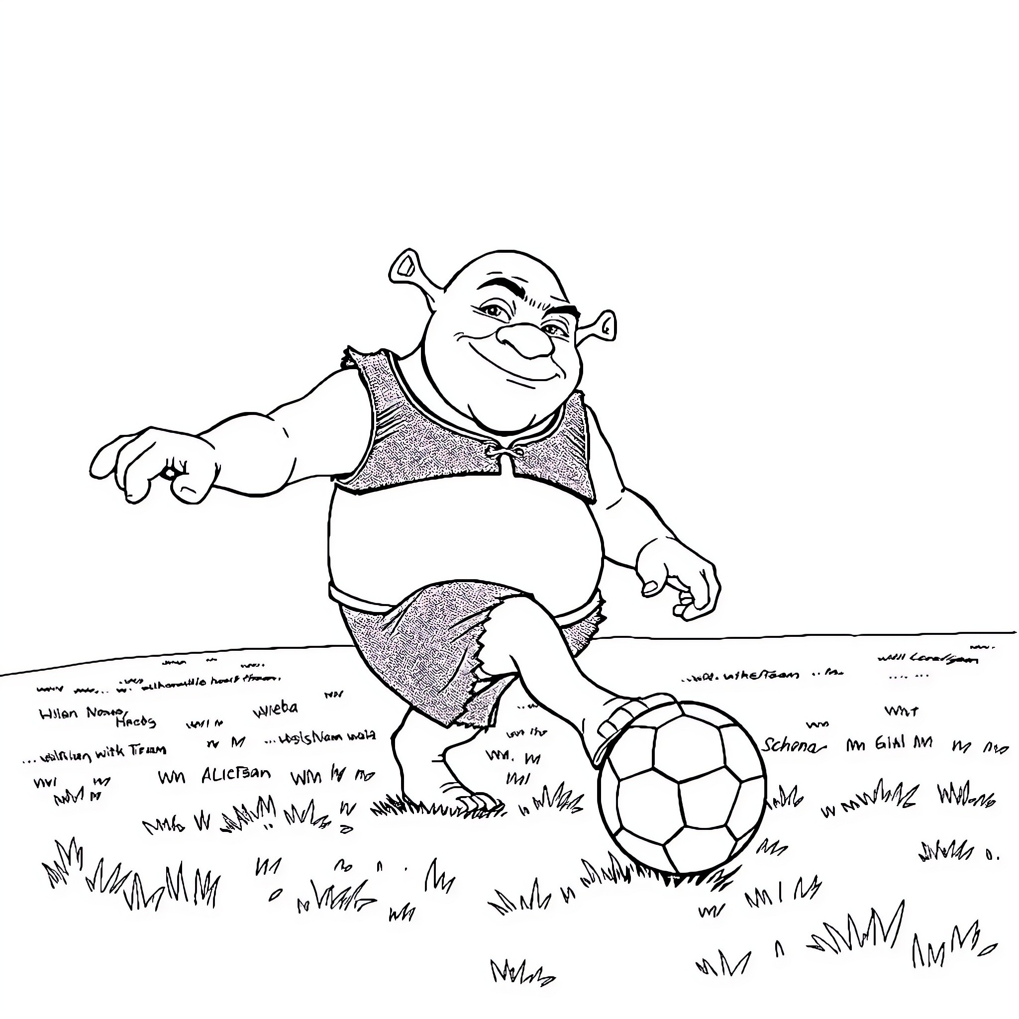 Shrek playing soccer in the meadow Coloring Page (free black-and-white line drawing printable PDF for all, from beginners to advanced learners, including children, teens, adults, and seniors)