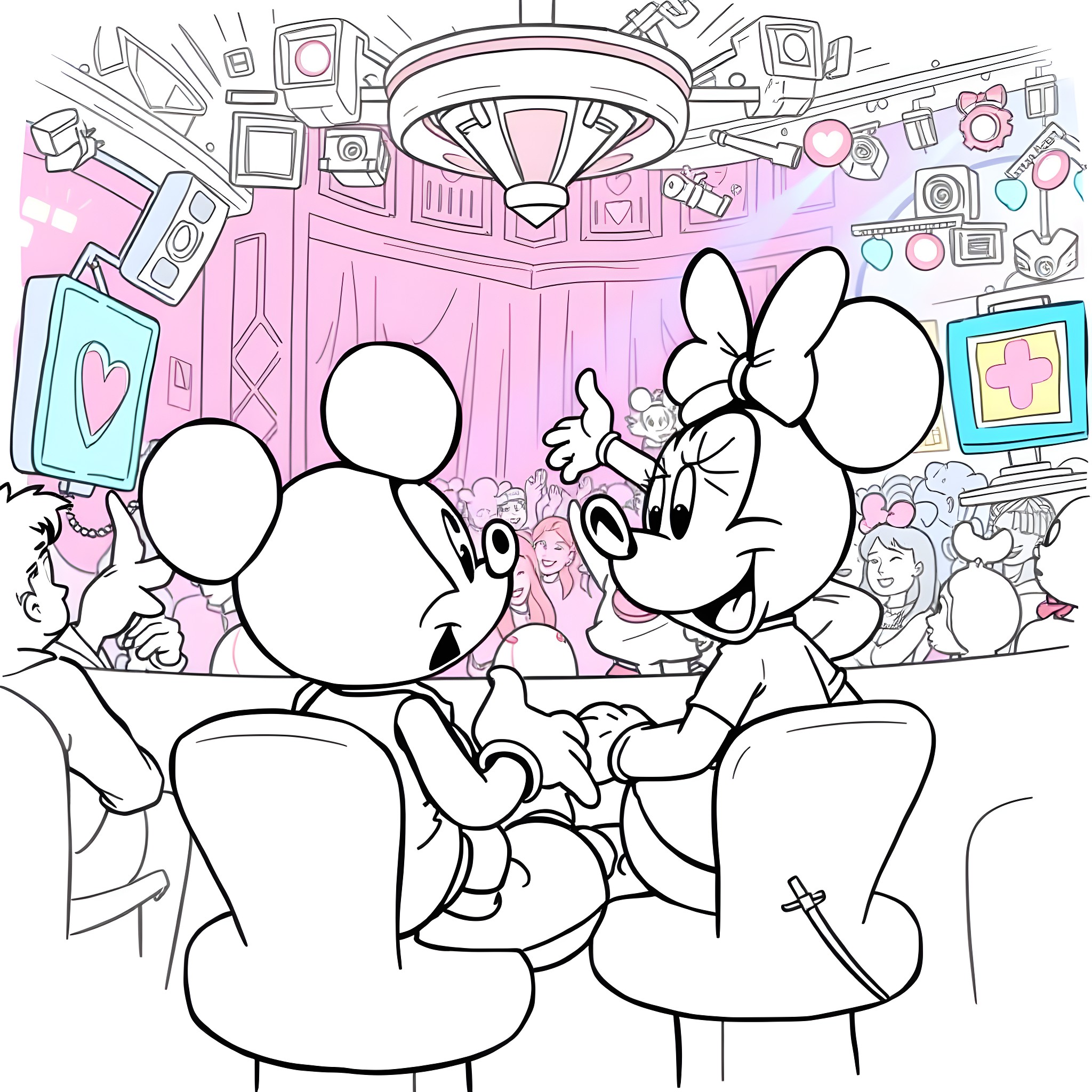 Mickey Mouse and Minnie Mouse in a Vibrant Room Coloring Page (free black-and-white line drawing printable PDF for all, from beginners to advanced learners, including children, teens, adults, and seniors)