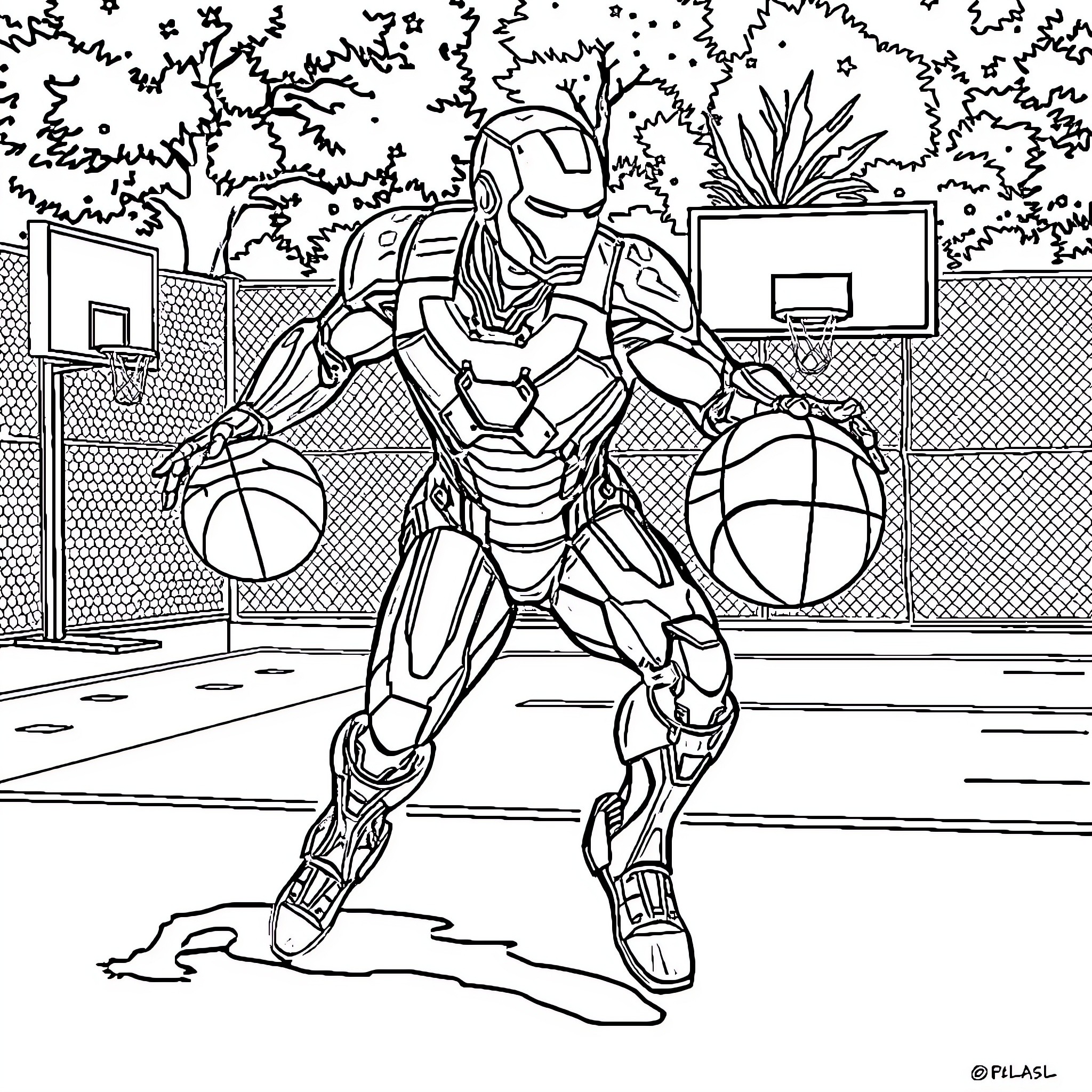 Iron Man playing basketball on the court Coloring Page (free black-and-white line drawing printable PDF for all, from beginners to advanced learners, including children, teens, adults, and seniors)