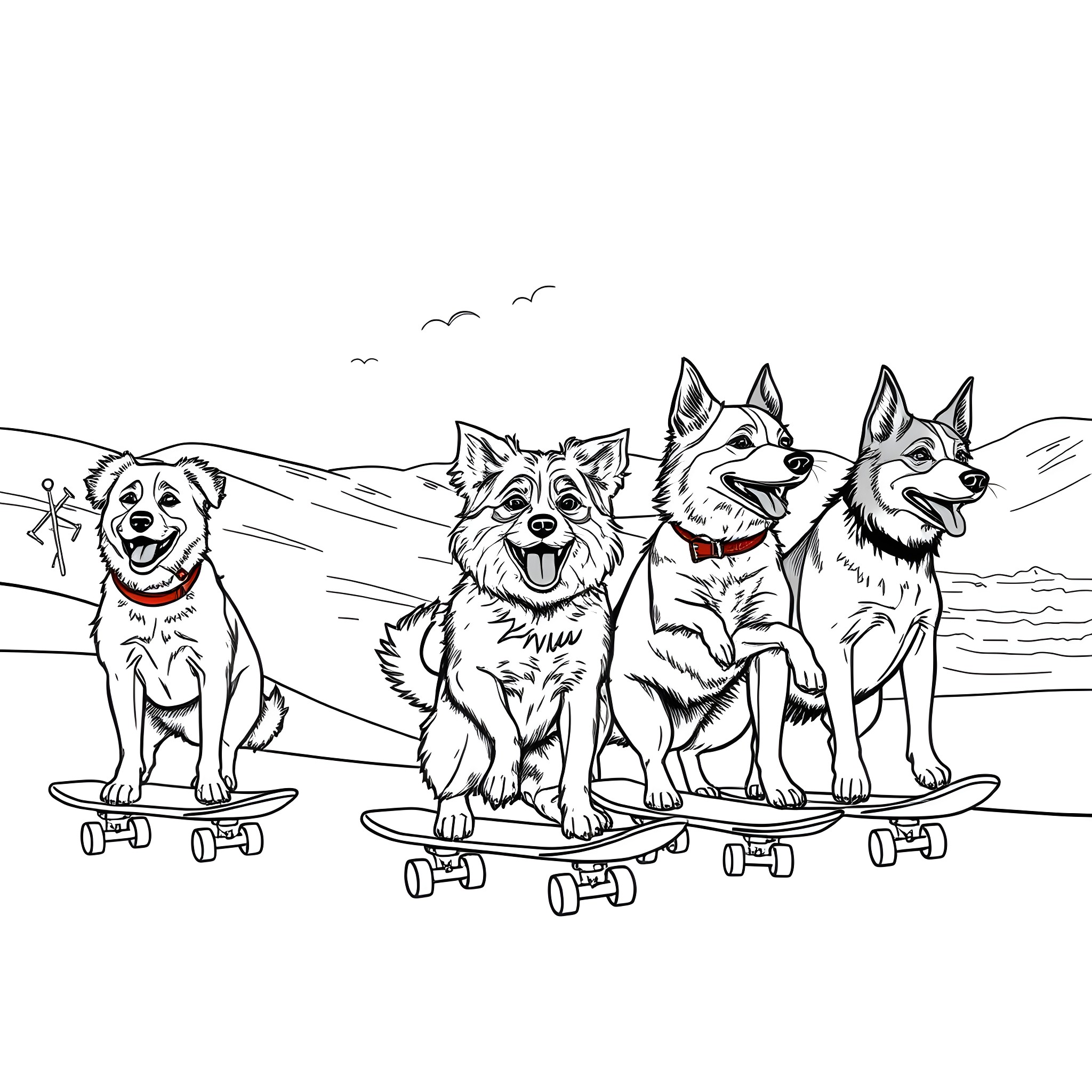 Dog Pack Enjoying Skateboarding Adventure Coloring Page (free black-and-white line drawing printable PDF for all, from beginners to advanced learners, including children, teens, adults, and seniors)
