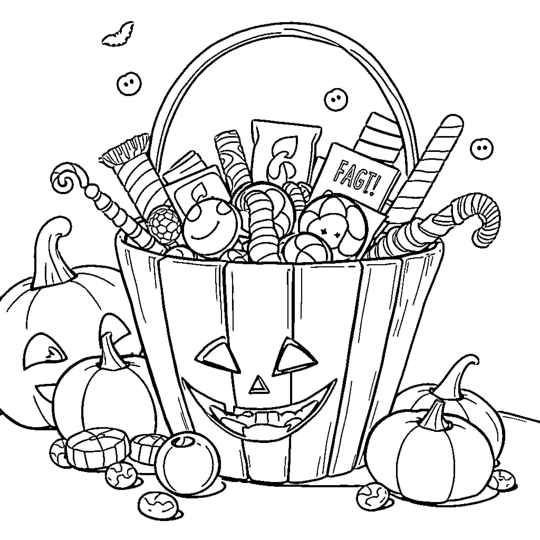 Candy Bucket Filled with Halloween Treats and Decorations Coloring Page (free black-and-white line drawing printable PDF for all, from beginners to advanced learners, including children, teens, adults, and seniors)