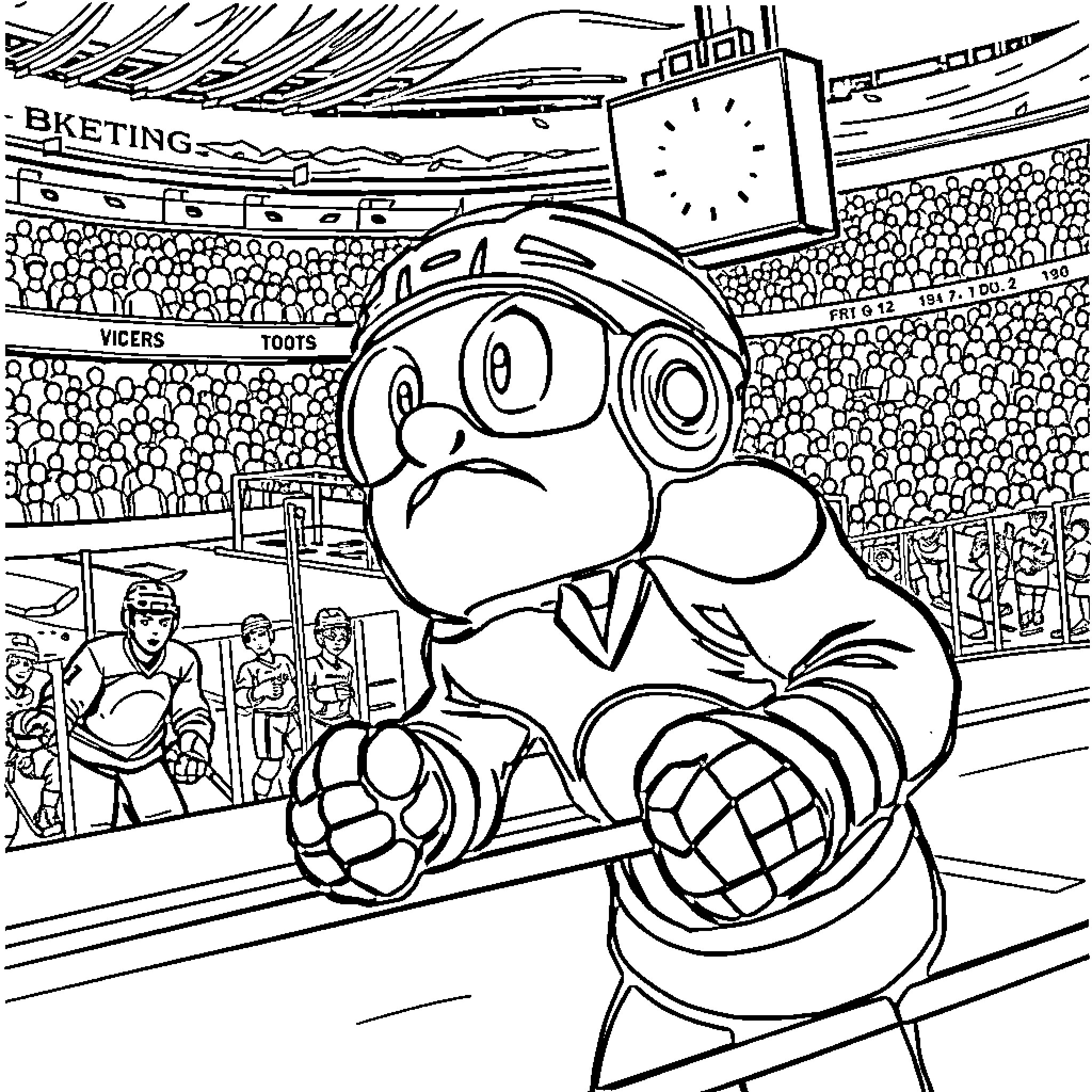 Cyclops playing sports in a stadium Coloring Page (free black-and-white line drawing printable PDF for all, from beginners to advanced learners, including children, teens, adults, and seniors)