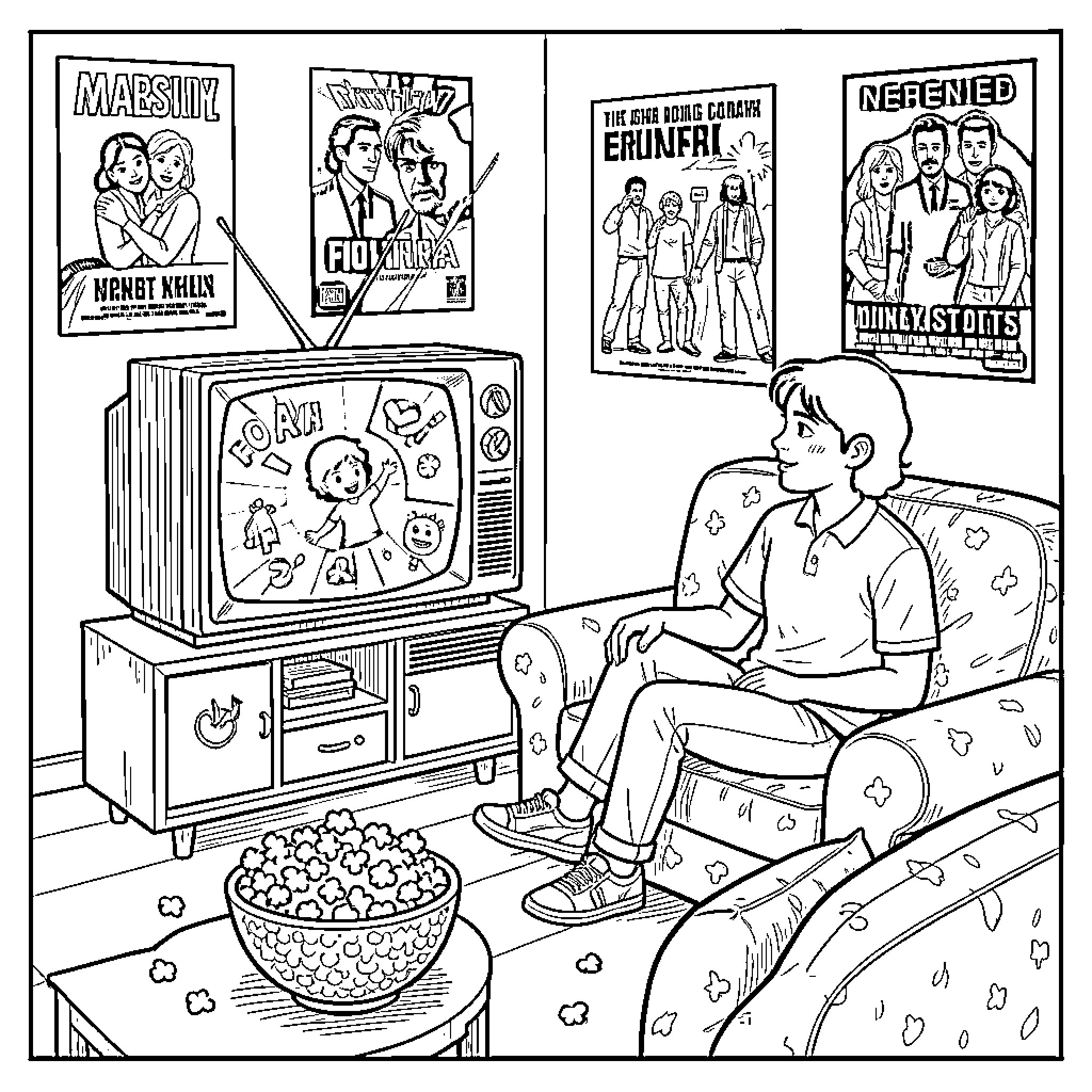 Person watching TV with snacks in a living room Coloring Page (free black-and-white line drawing printable PDF for all, from beginners to advanced learners, including children, teens, adults, and seniors)