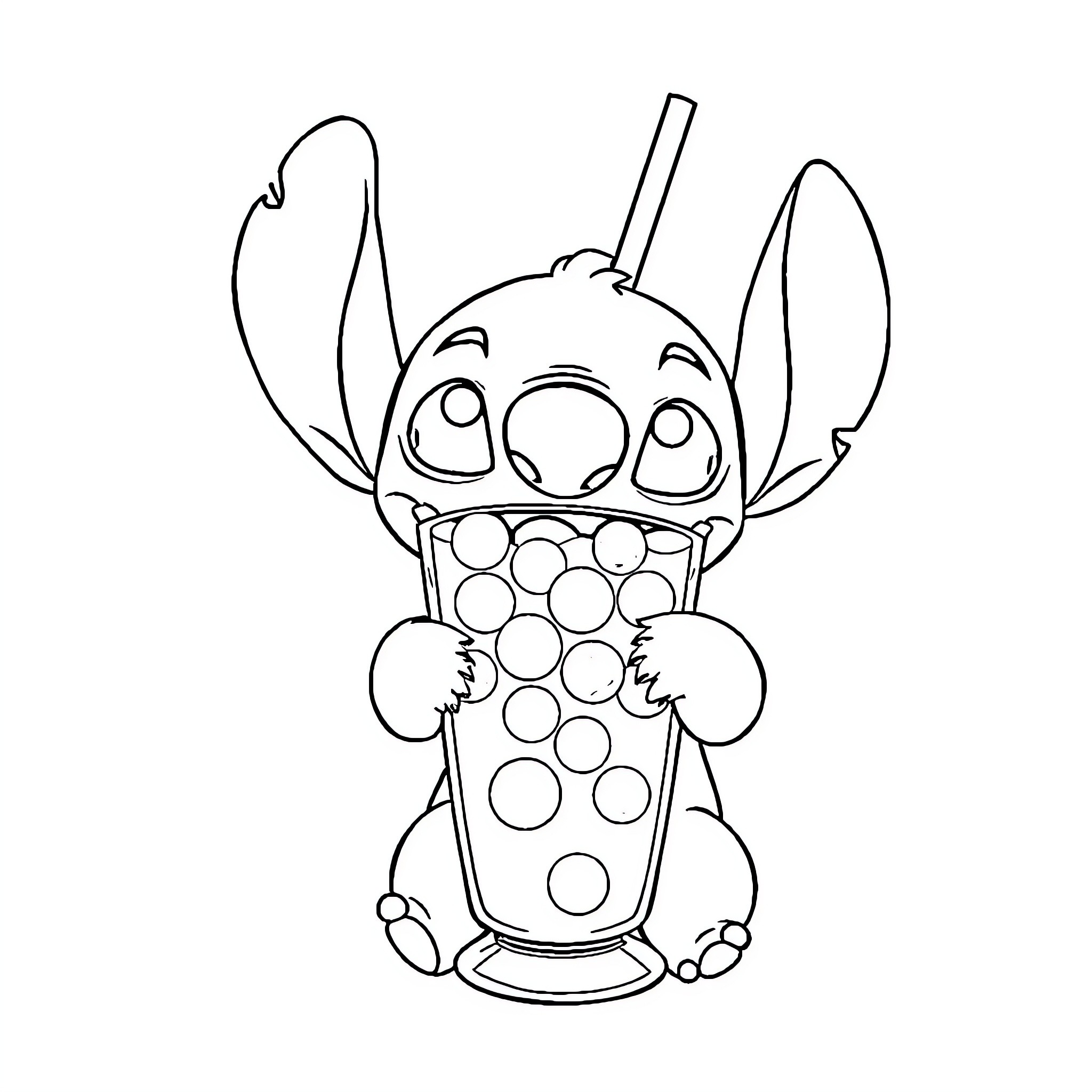Stitch Enjoying a Colorful Beverage Coloring Page (free black-and-white line drawing printable PDF for all, from beginners to advanced learners, including children, teens, adults, and seniors)