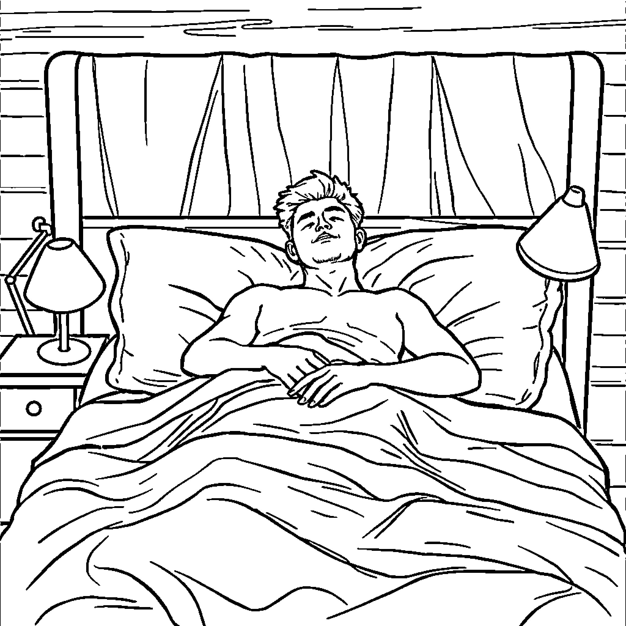 Man resting peacefully in his bedroom Coloring Page (free black-and-white line drawing printable PDF for all, from beginners to advanced learners, including children, teens, adults, and seniors)