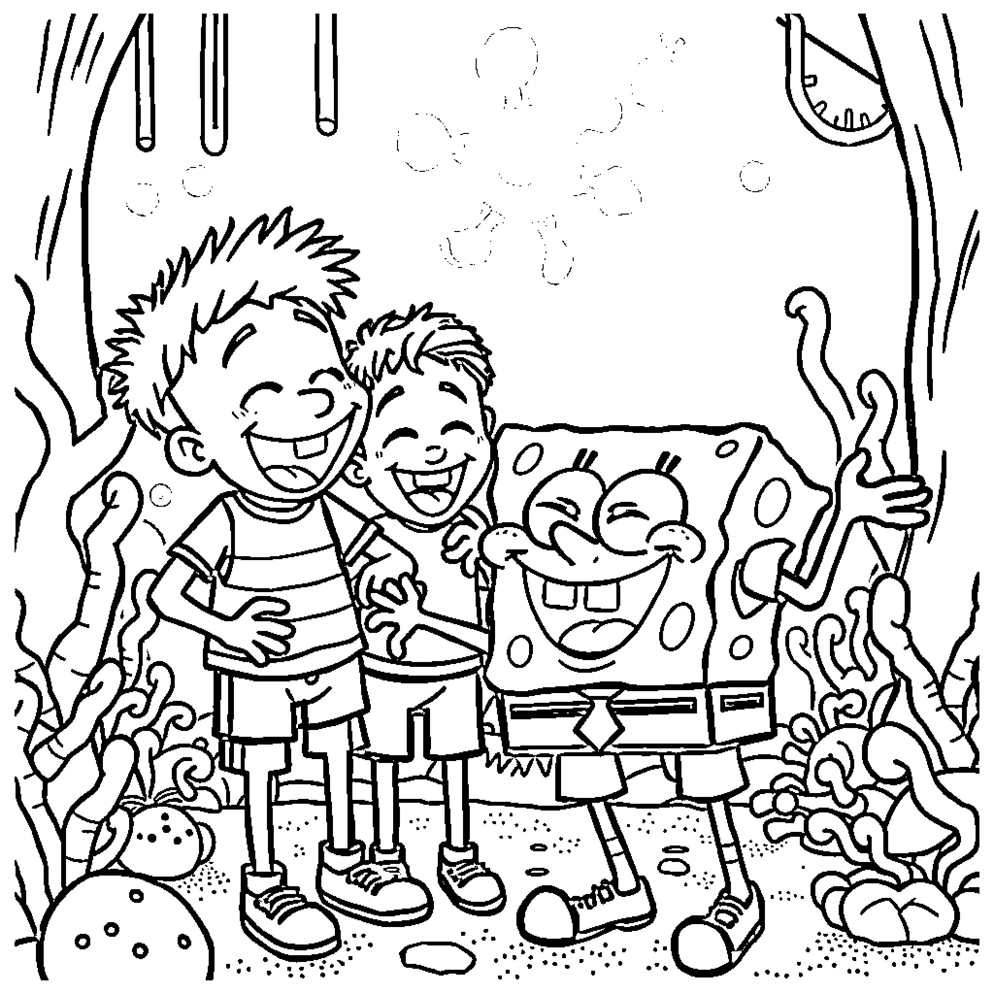 Saja Boy's Underwater Adventure with SpongeBob Coloring Page (free black-and-white line drawing printable PDF for all, from beginners to advanced learners, including children, teens, adults, and seniors)