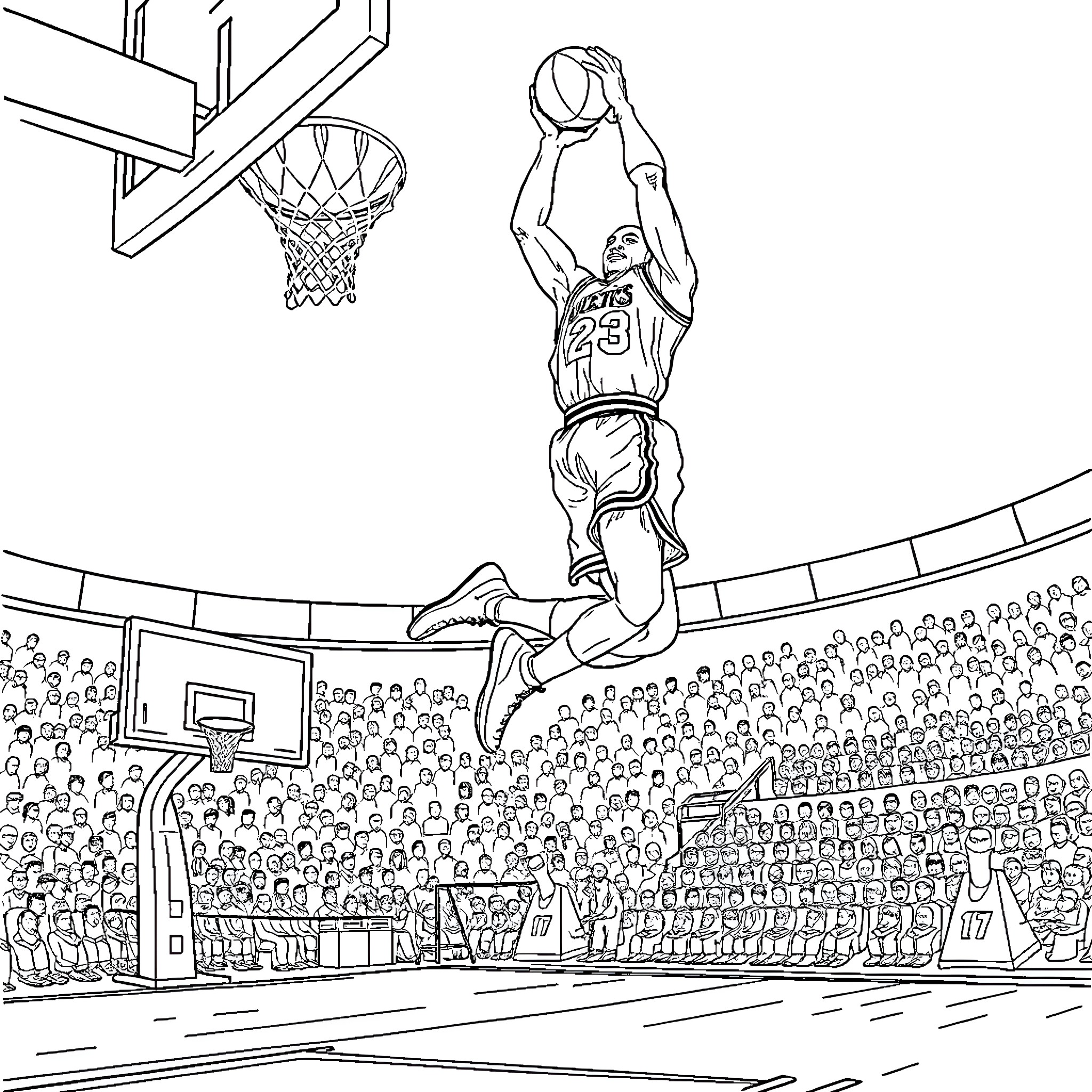 Michael Jordan slam dunking in basketball arena Coloring Page (free black-and-white line drawing printable PDF for all, from beginners to advanced learners, including children, teens, adults, and seniors)