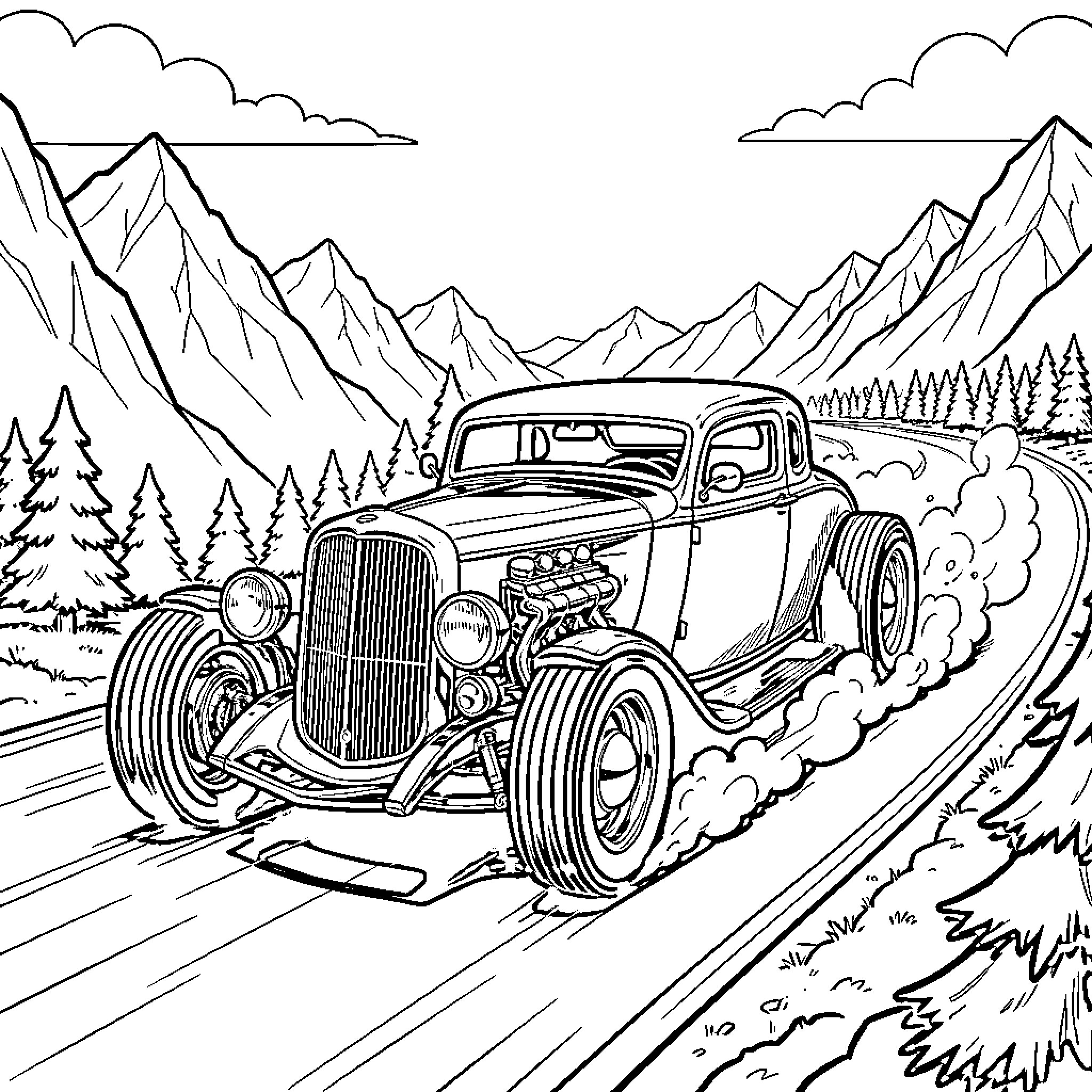 Hot Rod Speeding Through Rugged Mountainous Landscape Coloring Page (free black-and-white line drawing printable PDF for all, from beginners to advanced learners, including children, teens, adults, and seniors)