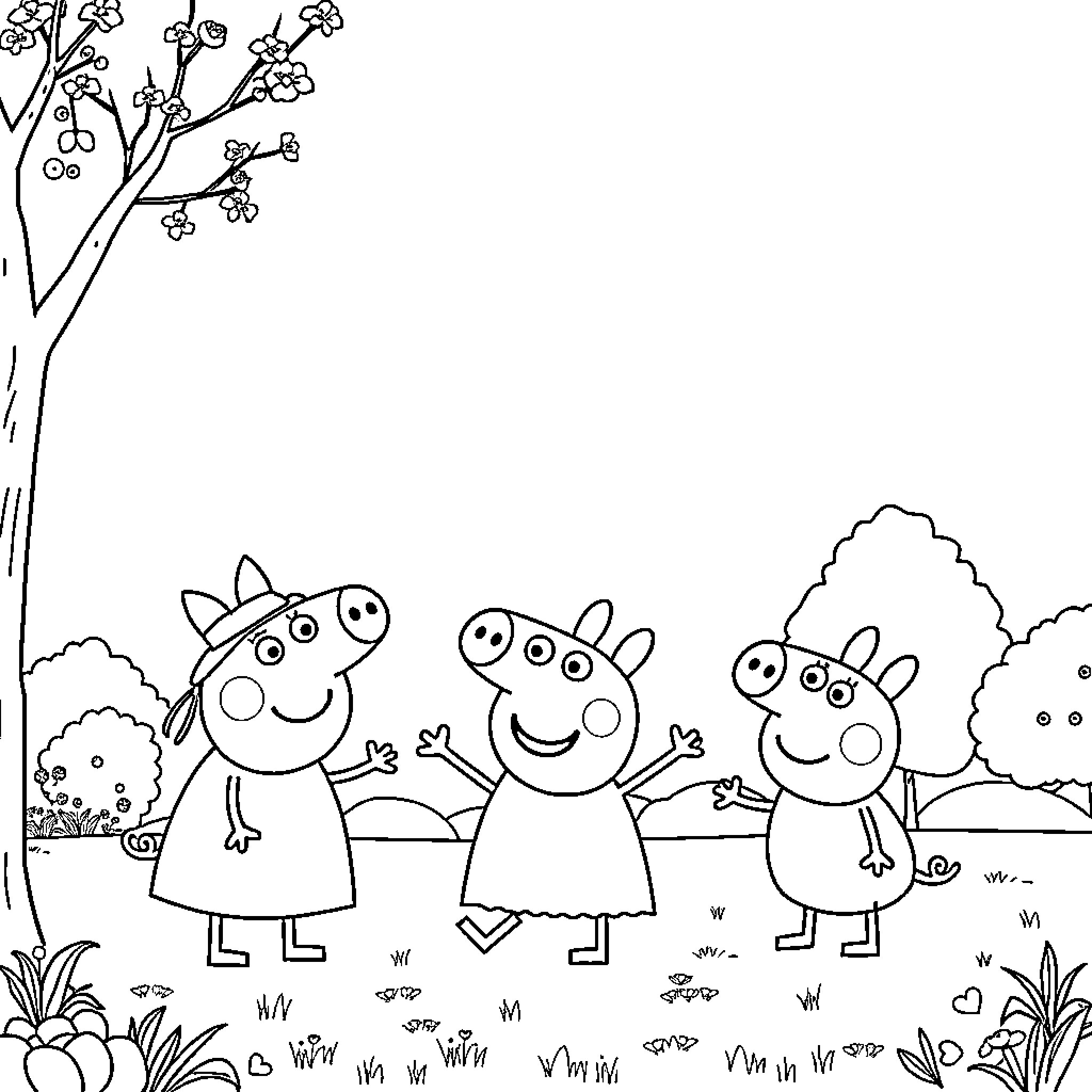 Peppa Pig and her friends exploring the outdoors Coloring Page (free black-and-white line drawing printable PDF for all, from beginners to advanced learners, including children, teens, adults, and seniors)