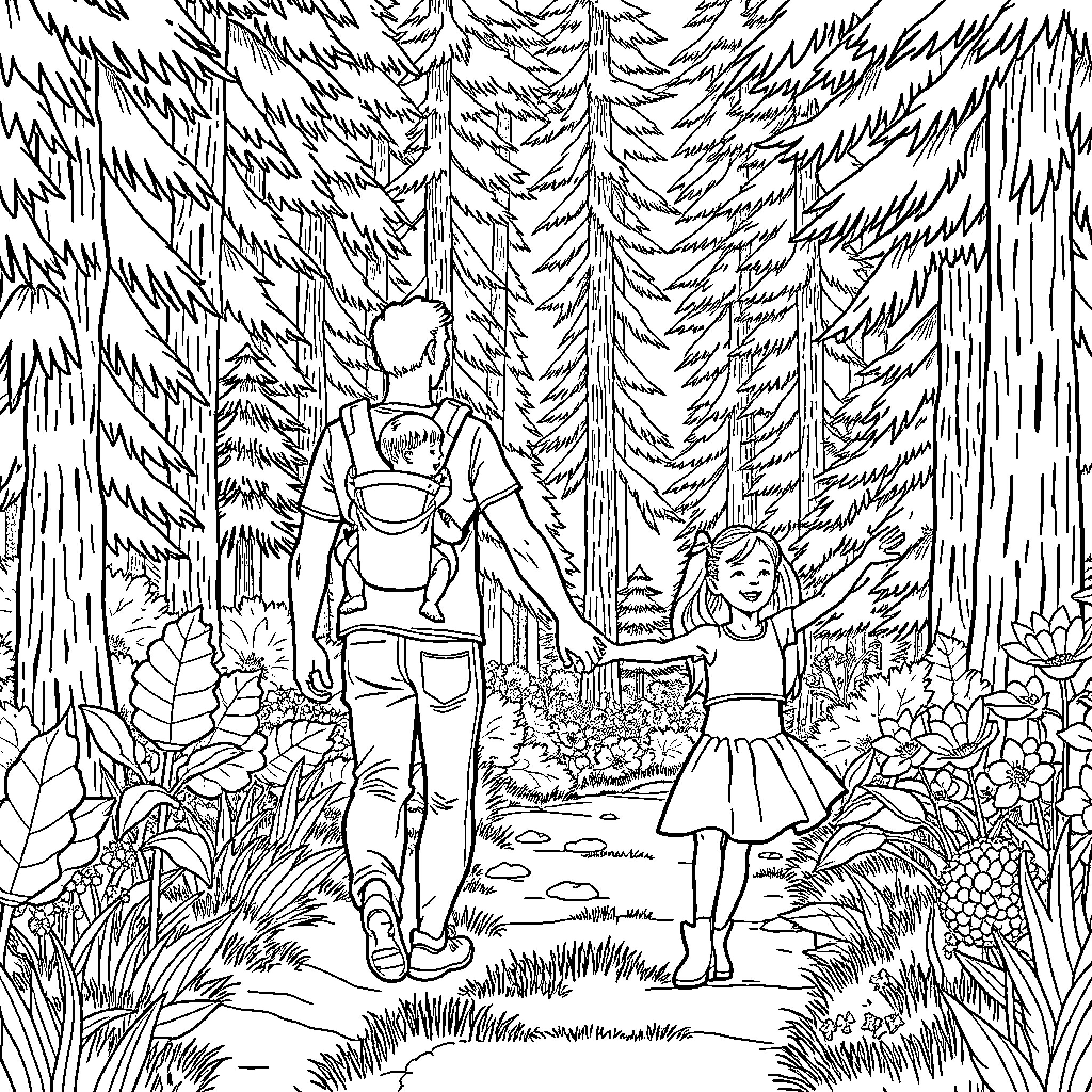 Family Enjoying a Forest Adventure Coloring Page (free black-and-white line drawing printable PDF for all, from beginners to advanced learners, including children, teens, adults, and seniors)