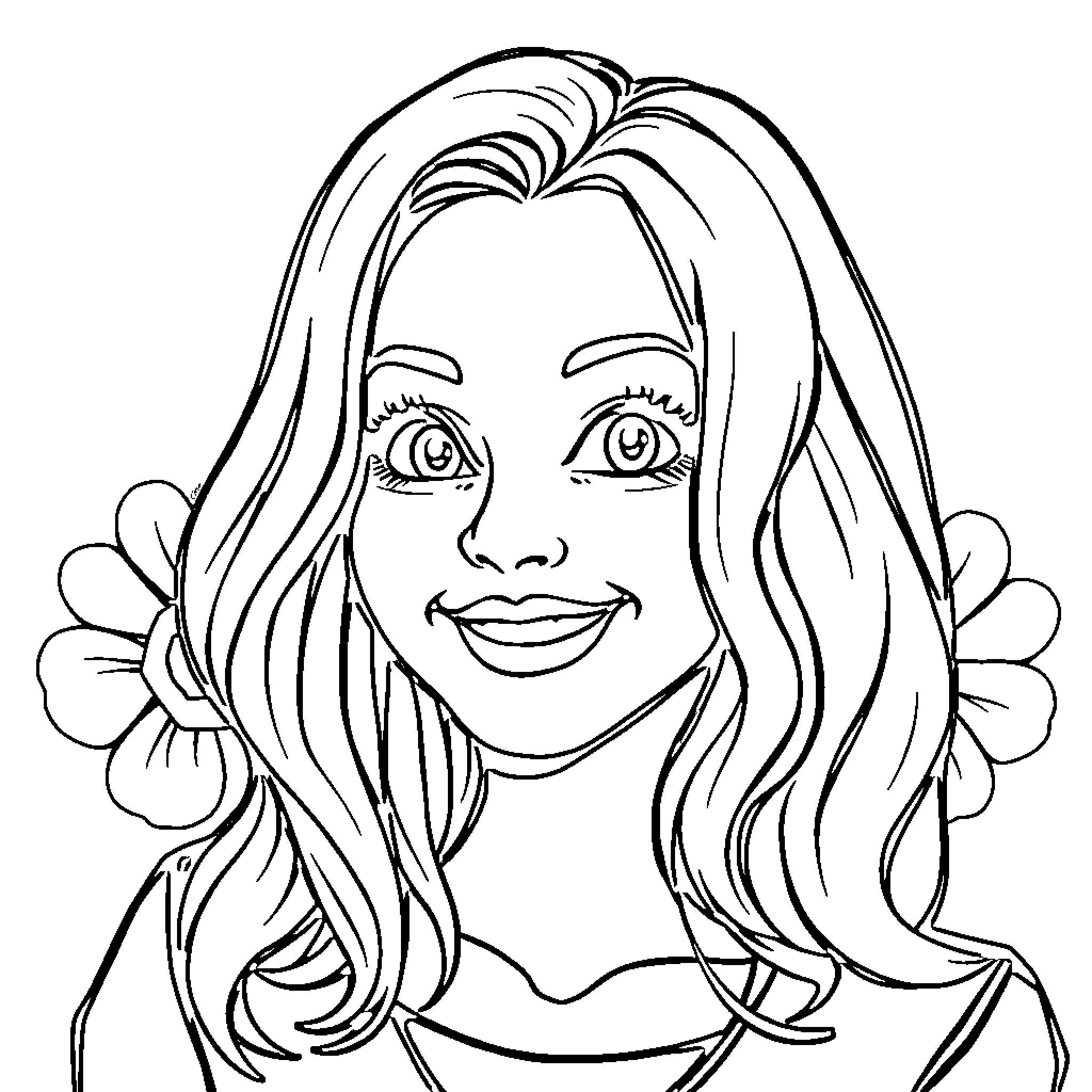 Natasha's Joyful Expression with Floral Accents Coloring Page (free black-and-white line drawing printable PDF for all, from beginners to advanced learners, including children, teens, adults, and seniors)