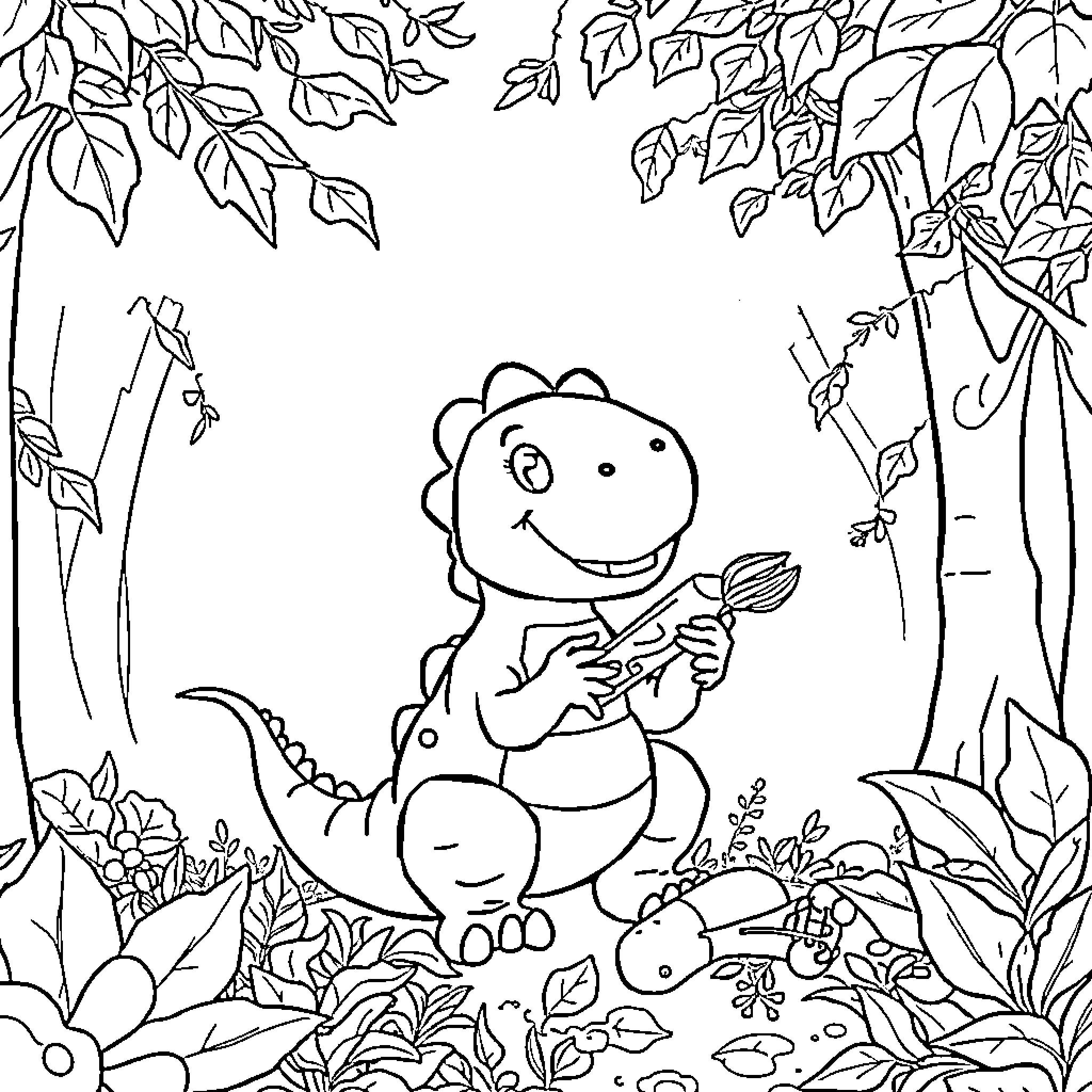 Dinosaur exploring lush forest scenery Coloring Page (free black-and-white line drawing printable PDF for all, from beginners to advanced learners, including children, teens, adults, and seniors)