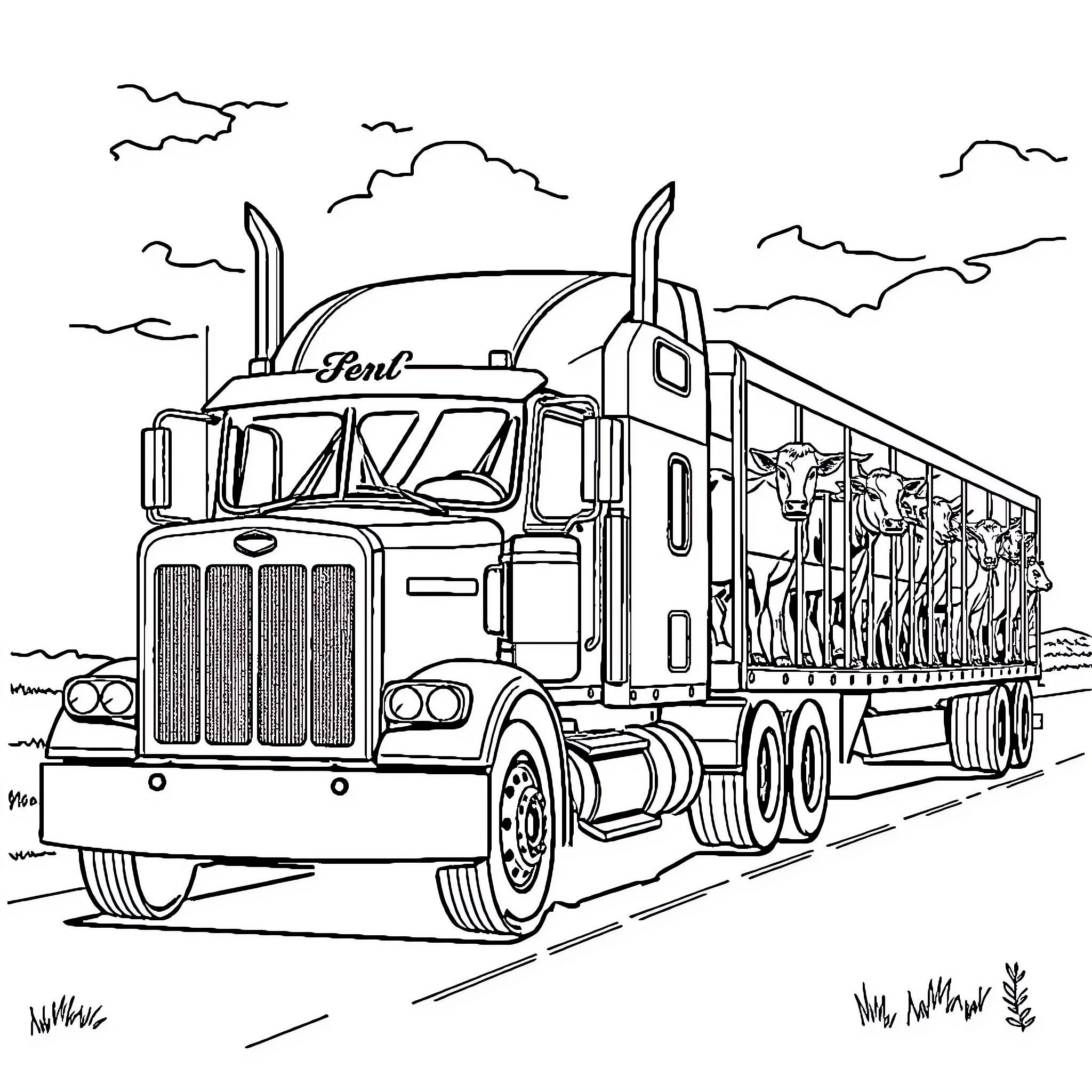 Truck transporting workers on the highway Coloring Page (free black-and-white line drawing printable PDF for all, from beginners to advanced learners, including children, teens, adults, and seniors)