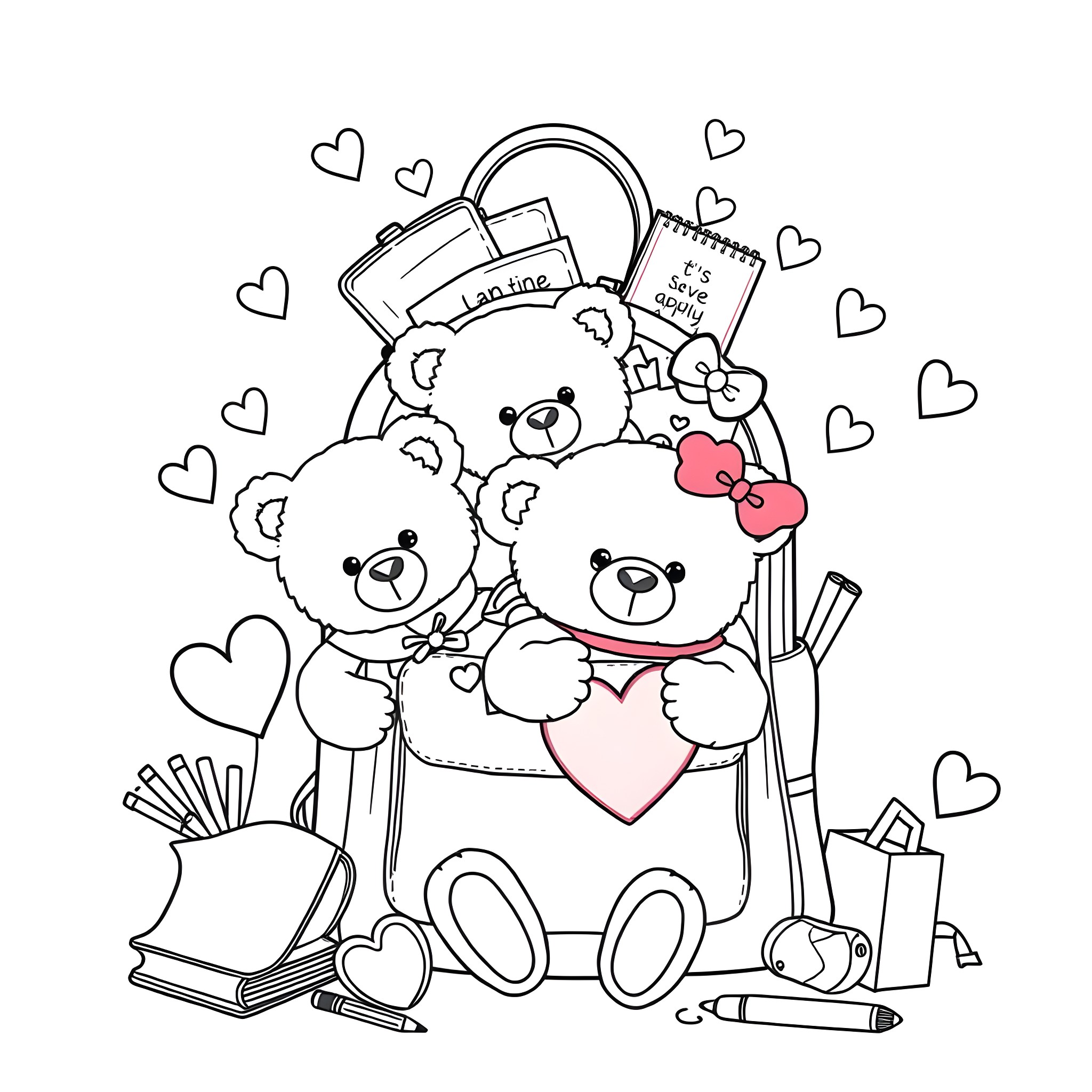 Teddy Bears Holding Hearts in Cozy School Supplies Coloring Page (free black-and-white line drawing printable PDF for all, from beginners to advanced learners, including children, teens, adults, and seniors)