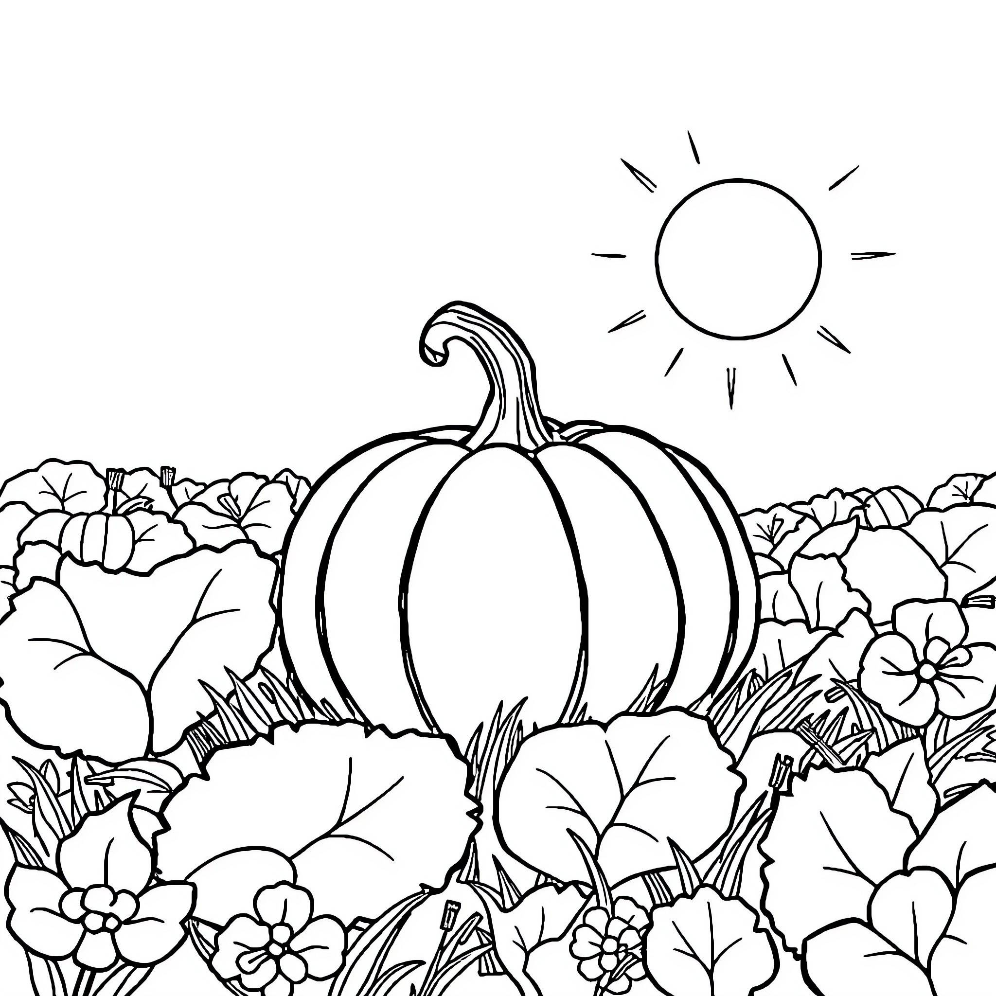 Pumpkin in a floral field under the sun Coloring Page (free black-and-white line drawing printable PDF for all, from beginners to advanced learners, including children, teens, adults, and seniors)