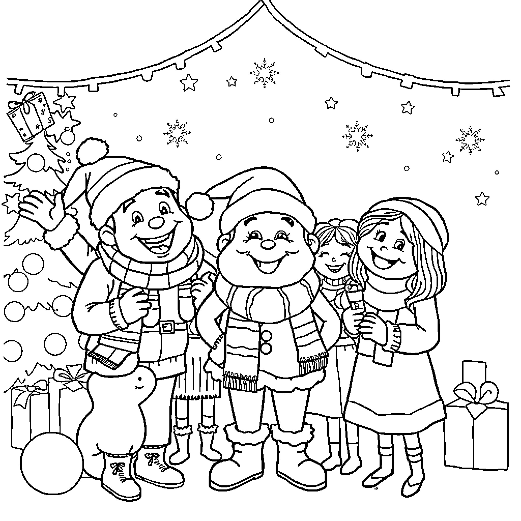 Noel's Festive Family Fun Coloring Page (free black-and-white line drawing printable PDF for all, from beginners to advanced learners, including children, teens, adults, and seniors)