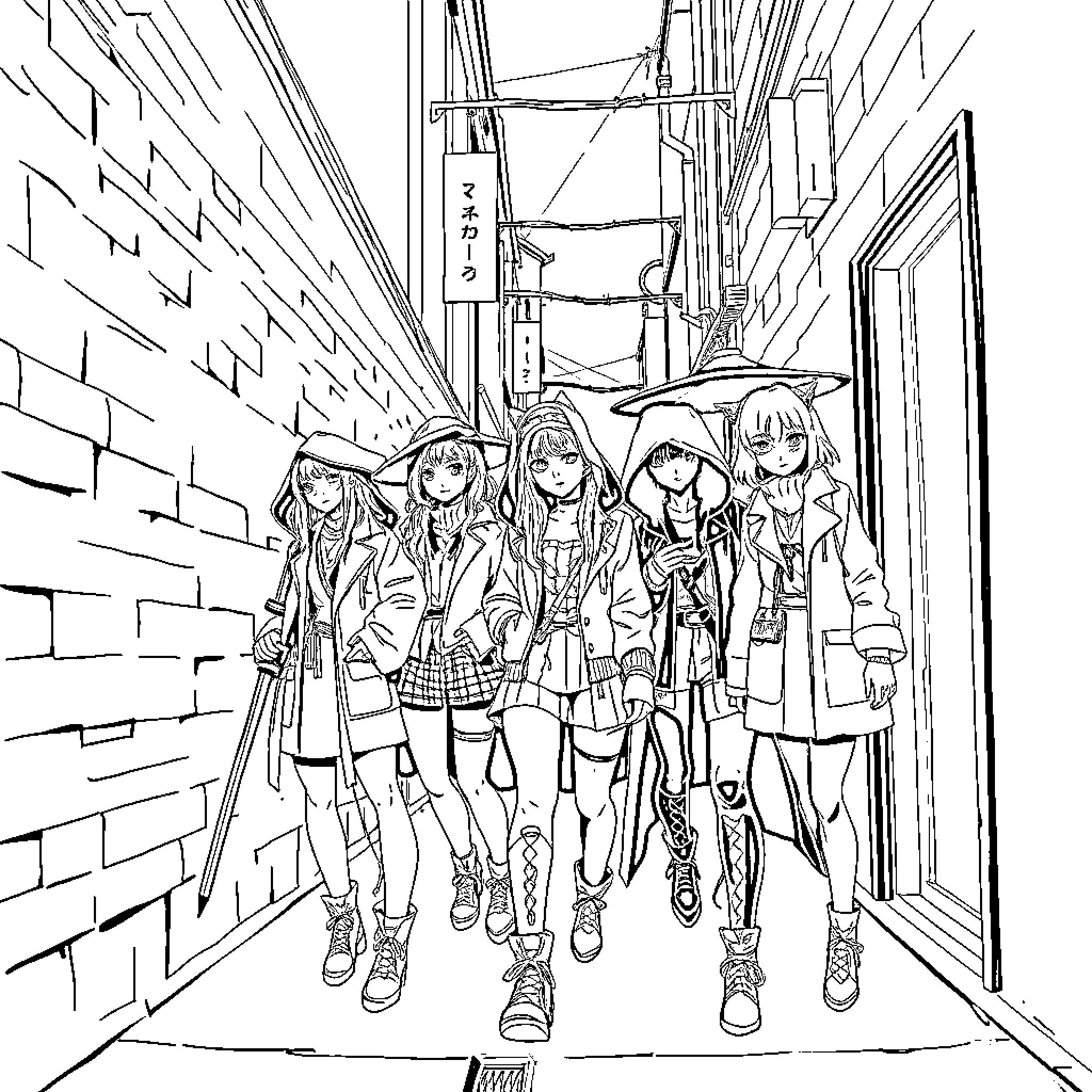 Kpop Demon Hunter Squad in Action Coloring Page (free black-and-white line drawing printable PDF for all, from beginners to advanced learners, including children, teens, adults, and seniors)