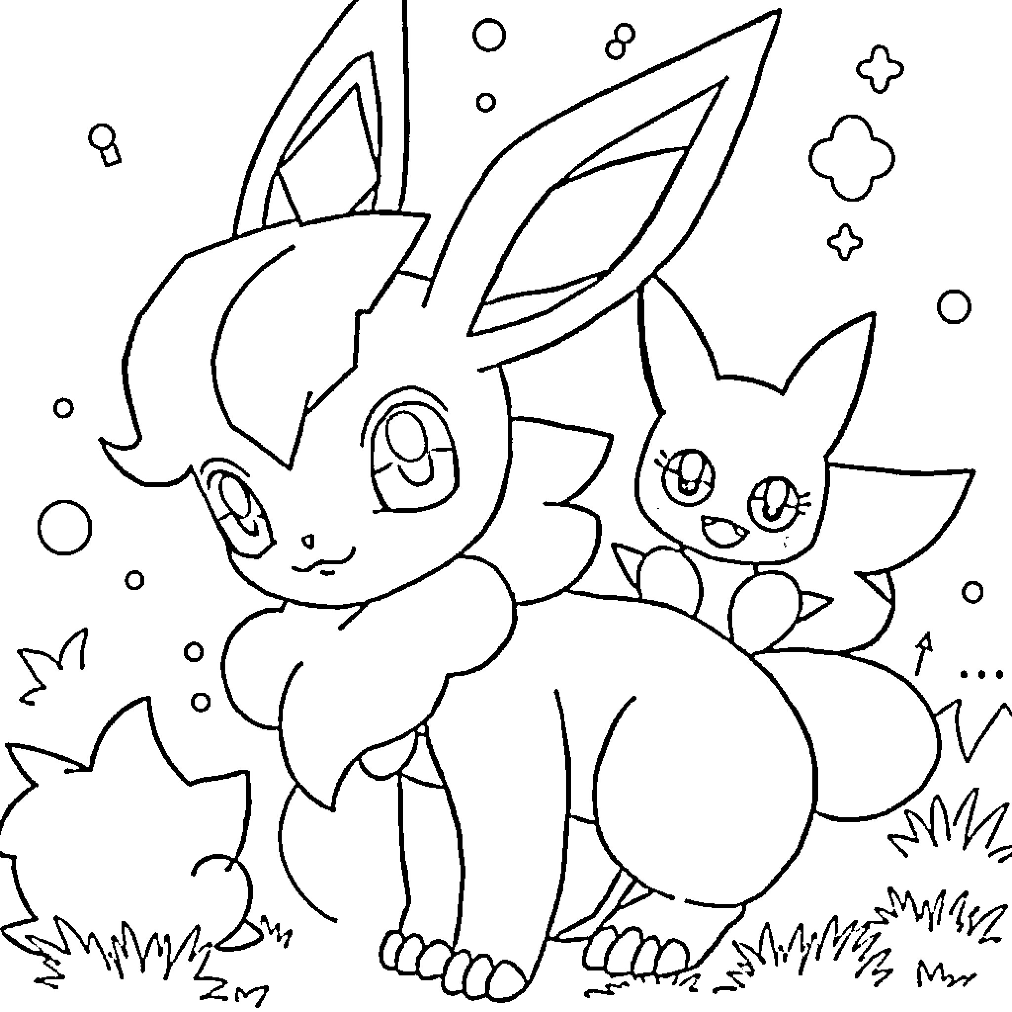 Umbreon and friends enjoying a playful moment Coloring Page (free black-and-white line drawing printable PDF for all, from beginners to advanced learners, including children, teens, adults, and seniors)