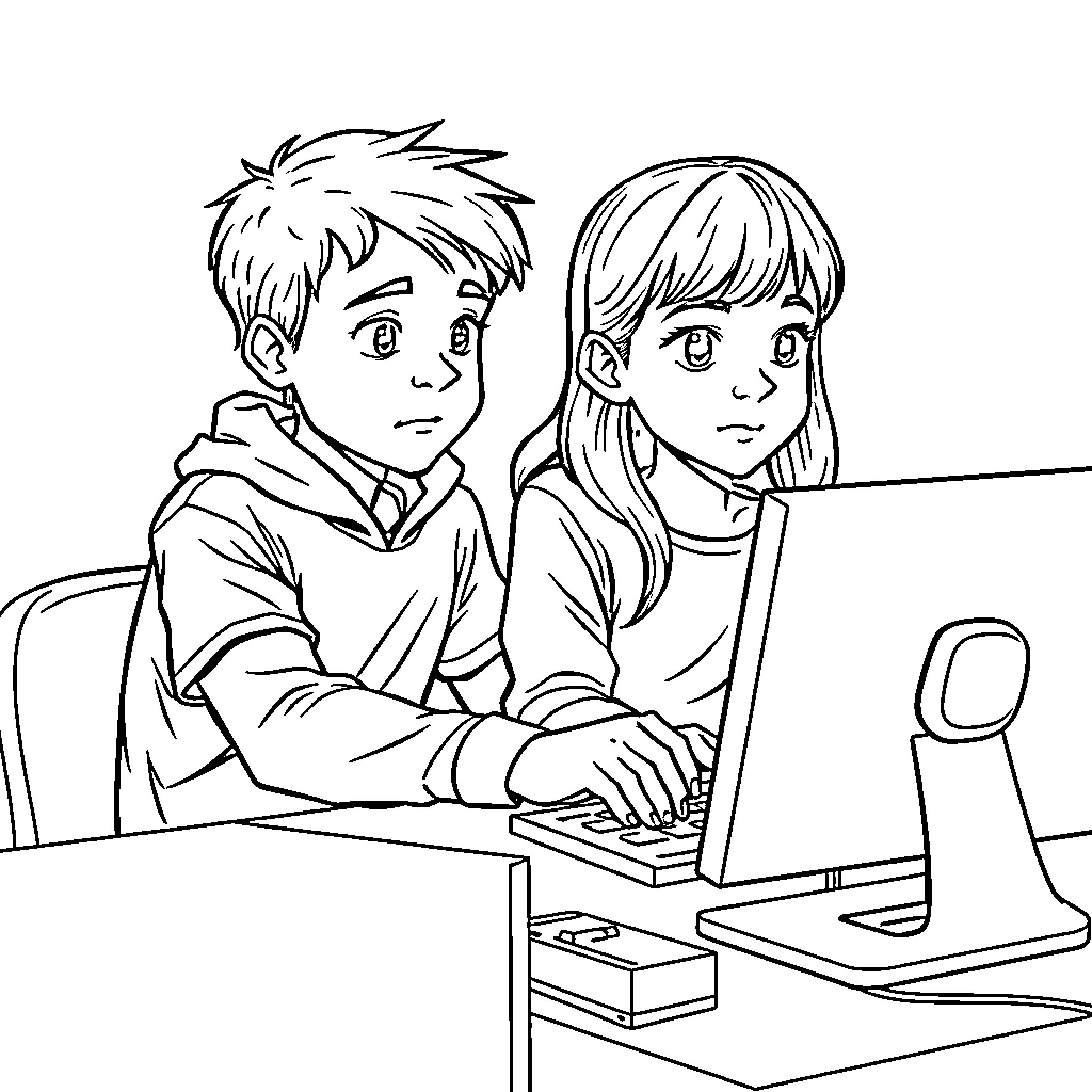 Twin students studying on computer Coloring Page (free black-and-white line drawing printable PDF for all, from beginners to advanced learners, including children, teens, adults, and seniors)