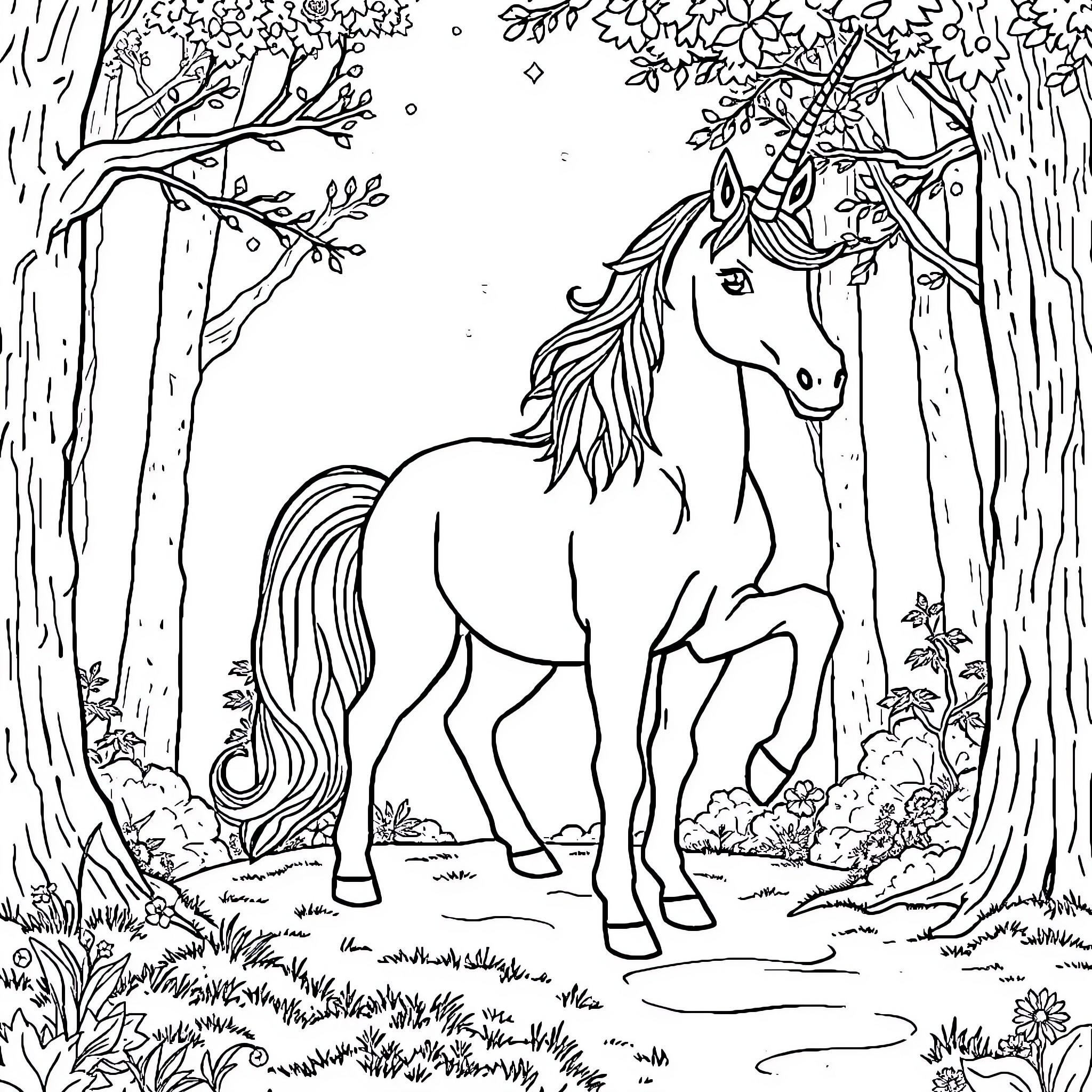 Unicorn walking through the enchanted forest Coloring Page (free black-and-white line drawing printable PDF for all, from beginners to advanced learners, including children, teens, adults, and seniors)
