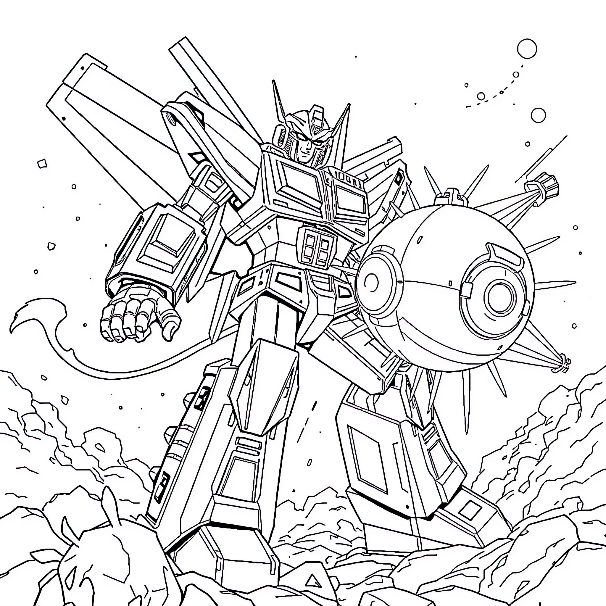 Voltron Giant Mecha in Heroic Action Pose Coloring Page (free black-and-white line drawing printable PDF for all, from beginners to advanced learners, including children, teens, adults, and seniors)