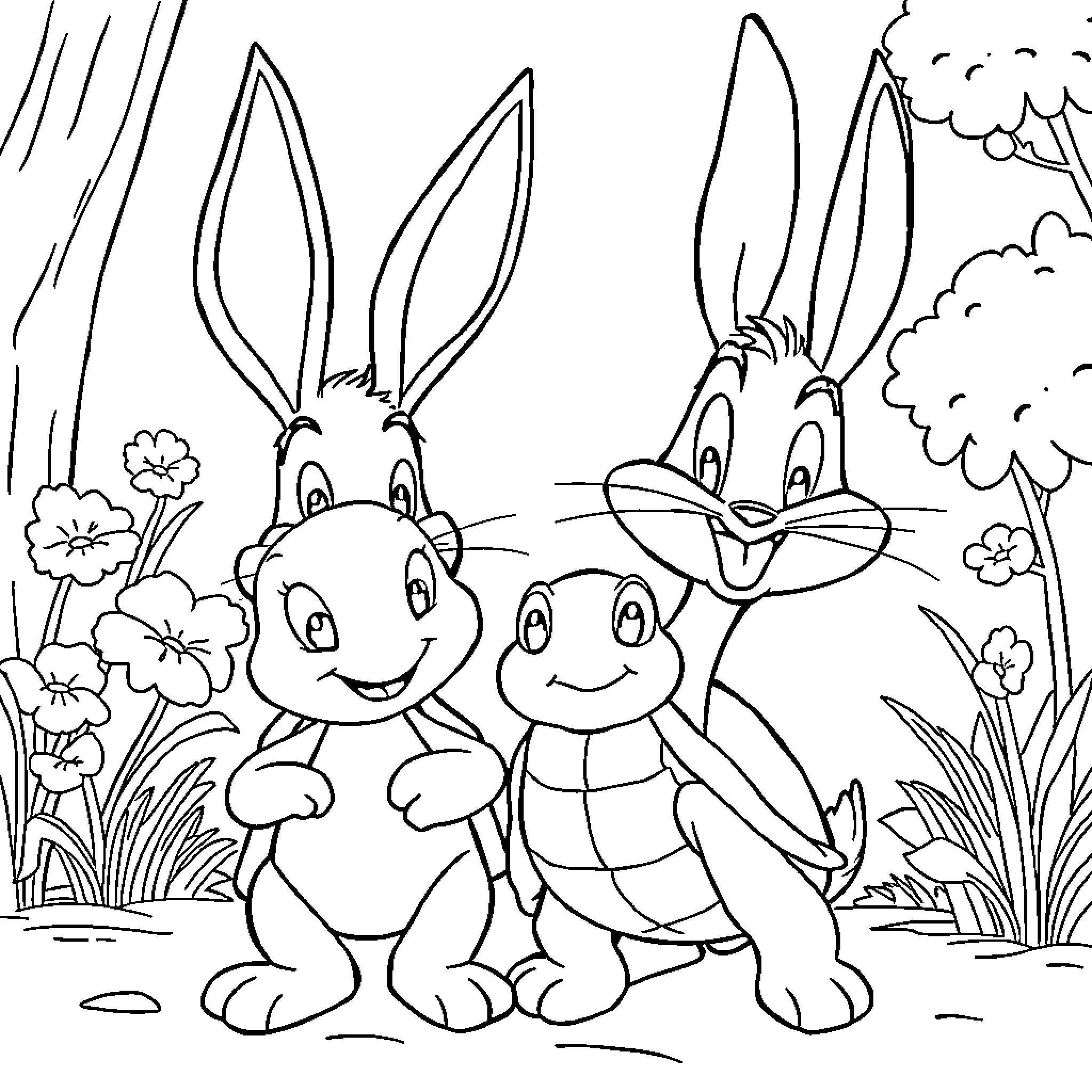 Carapuce and friends in a playful garden Coloring Page (free black-and-white line drawing printable PDF for all, from beginners to advanced learners, including children, teens, adults, and seniors)