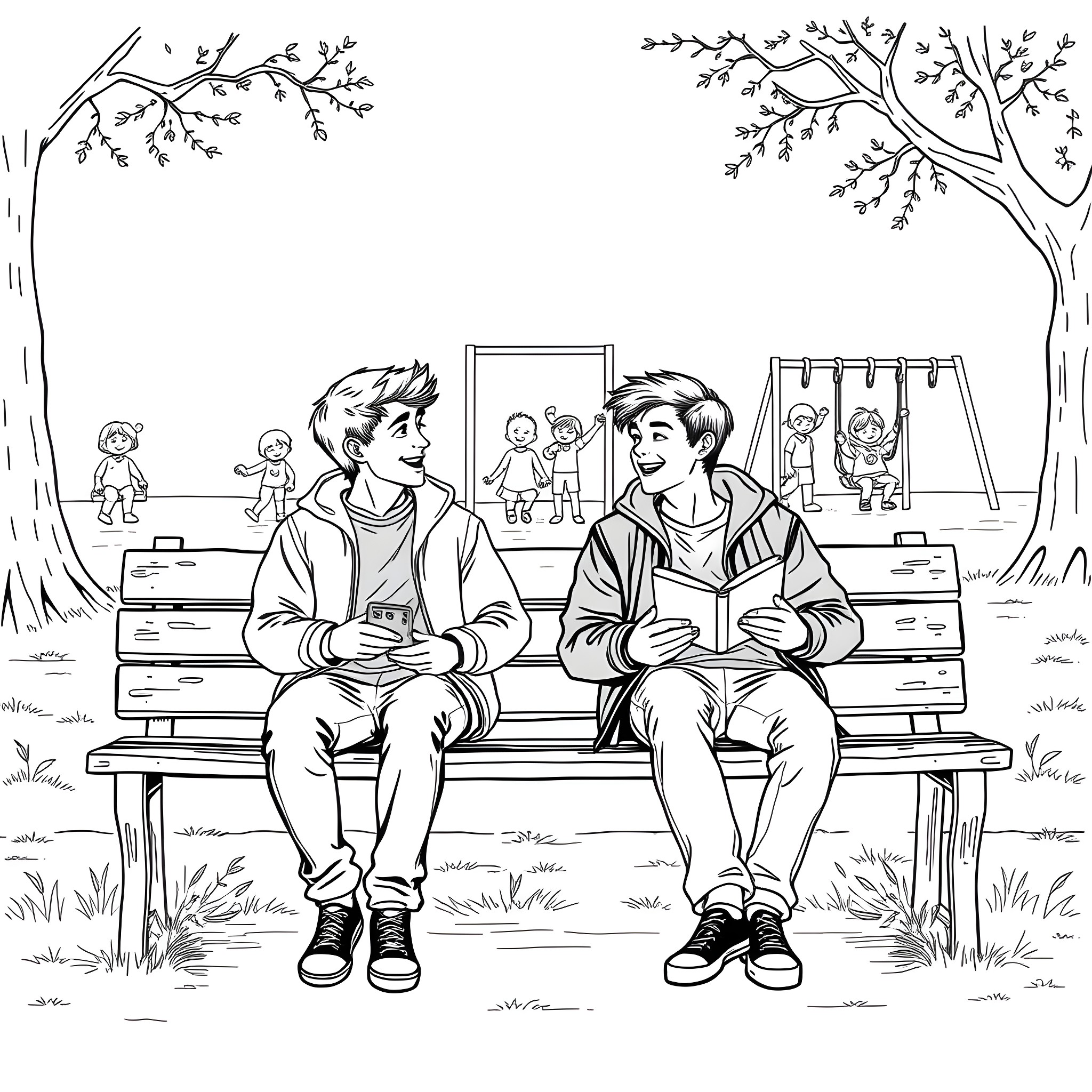 Teen Guys Sitting on Park Bench Reading Books Coloring Page (free black-and-white line drawing printable PDF for all, from beginners to advanced learners, including children, teens, adults, and seniors)