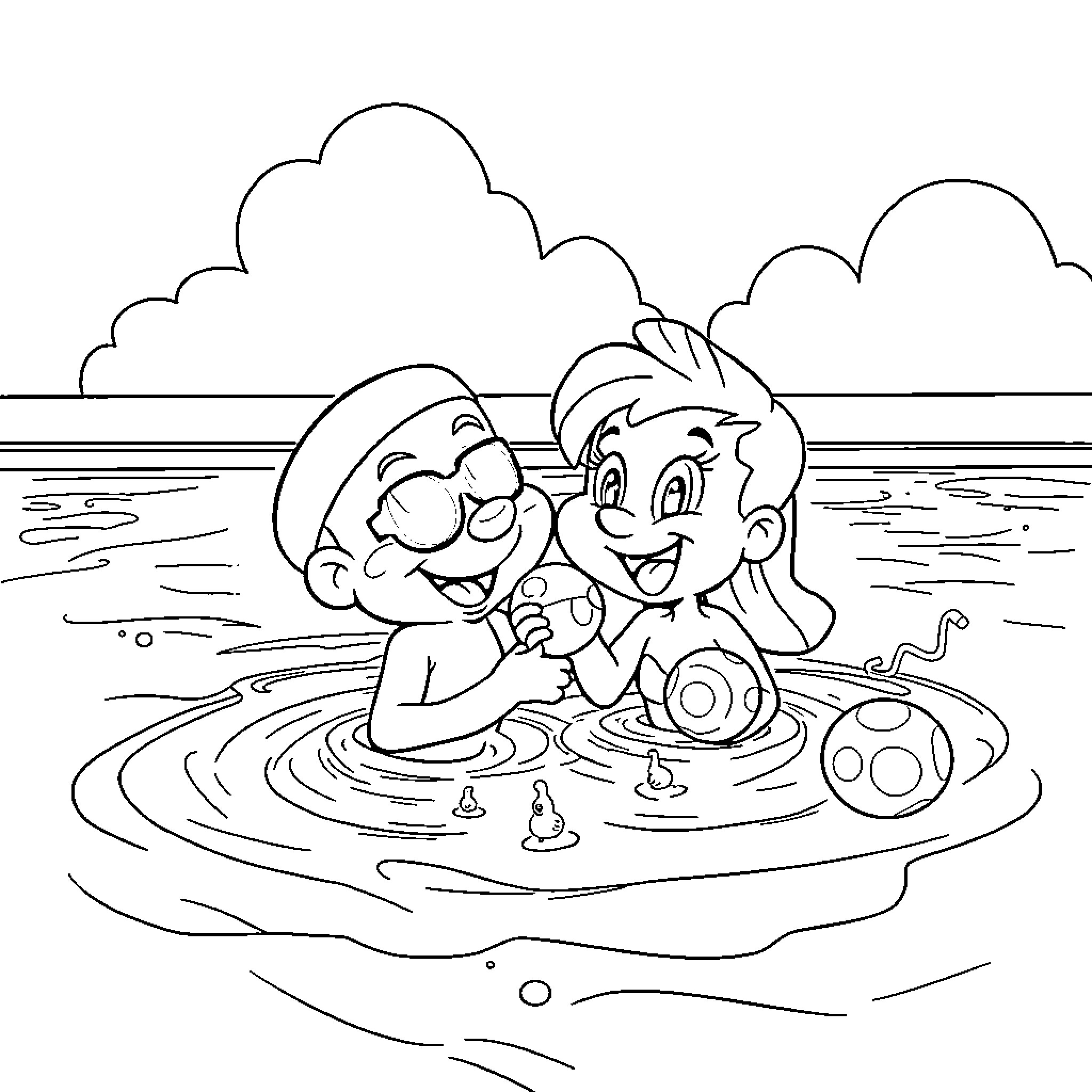 Bluey and Bingo enjoying a water adventure Coloring Page (free black-and-white line drawing printable PDF for all, from beginners to advanced learners, including children, teens, adults, and seniors)