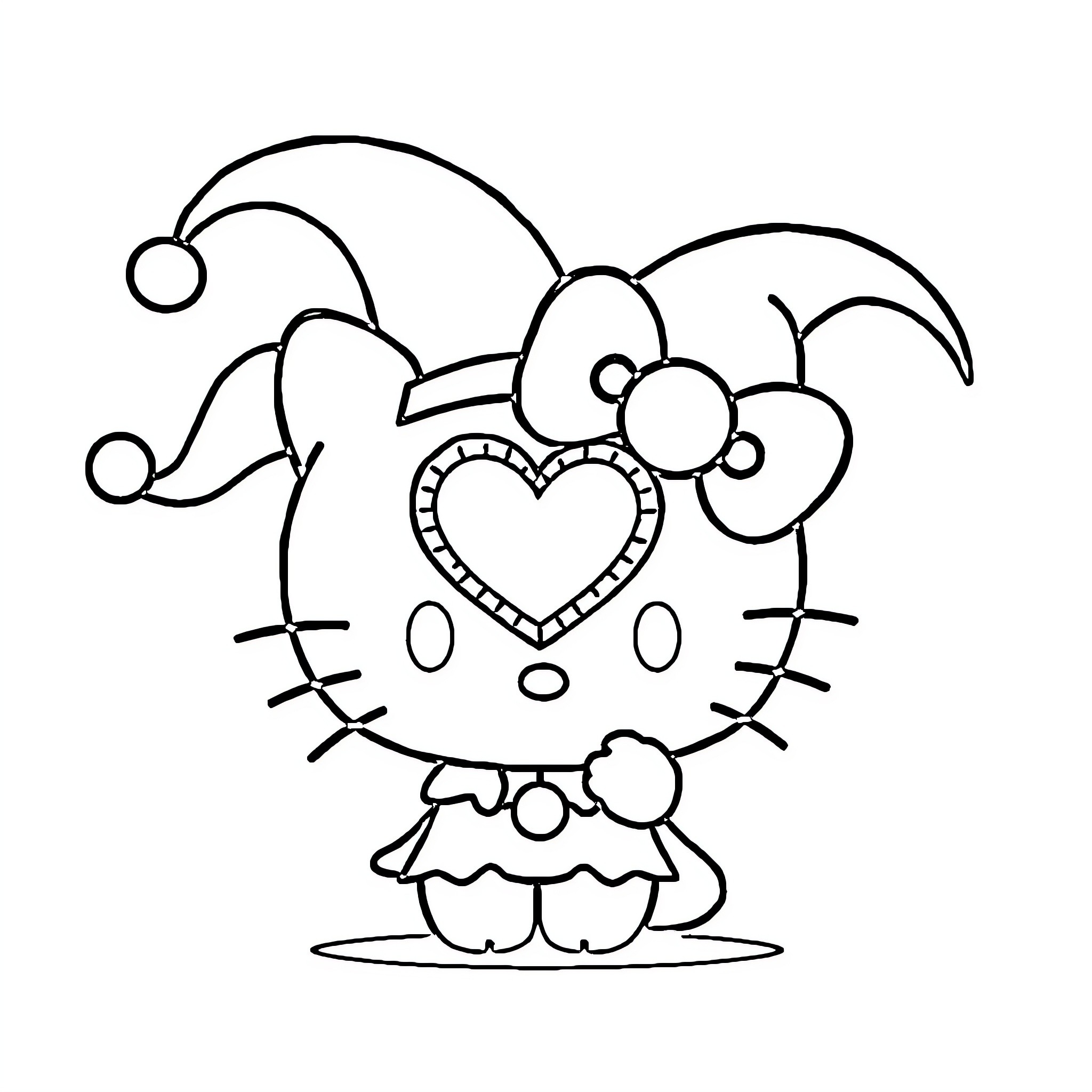 Kuromi in playful jester-like outfit Coloring Page (free black-and-white line drawing printable PDF for all, from beginners to advanced learners, including children, teens, adults, and seniors)