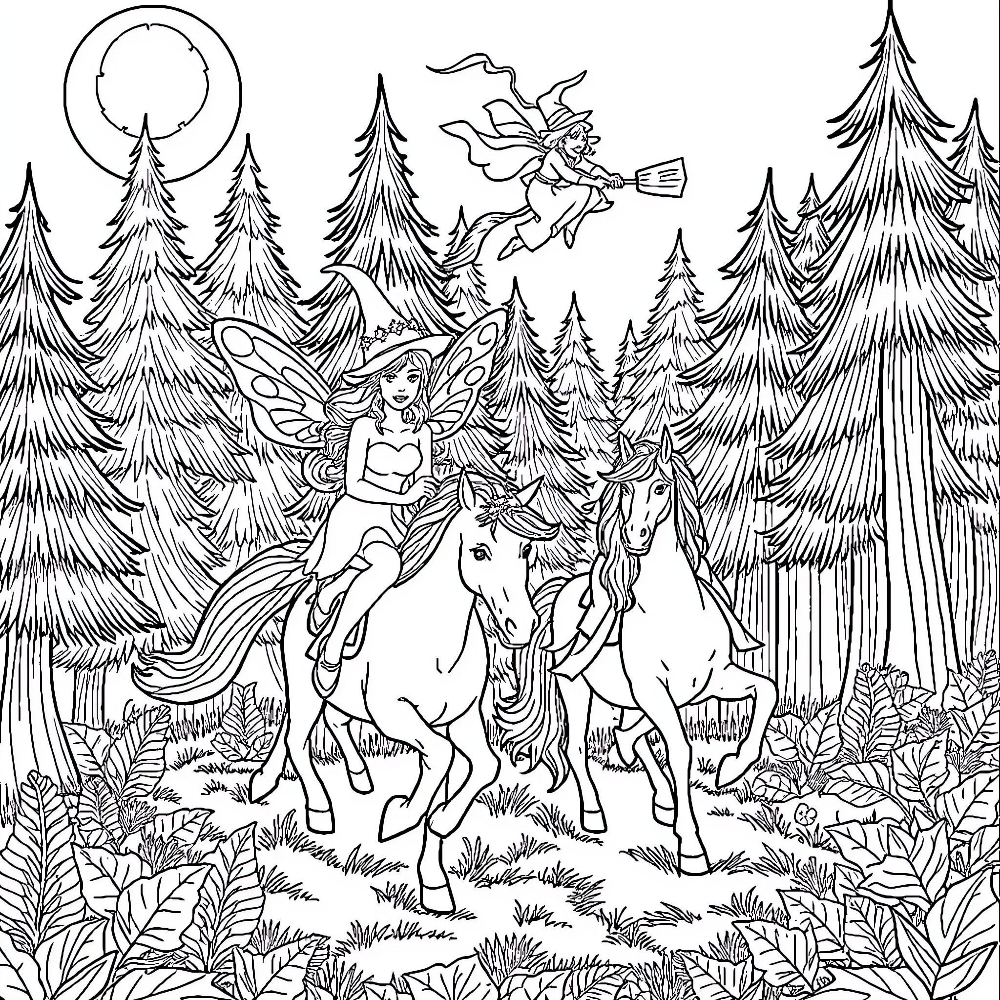 Unicorn riding through enchanted forest with fairy Coloring Page (free black-and-white line drawing printable PDF for all, from beginners to advanced learners, including children, teens, adults, and seniors)