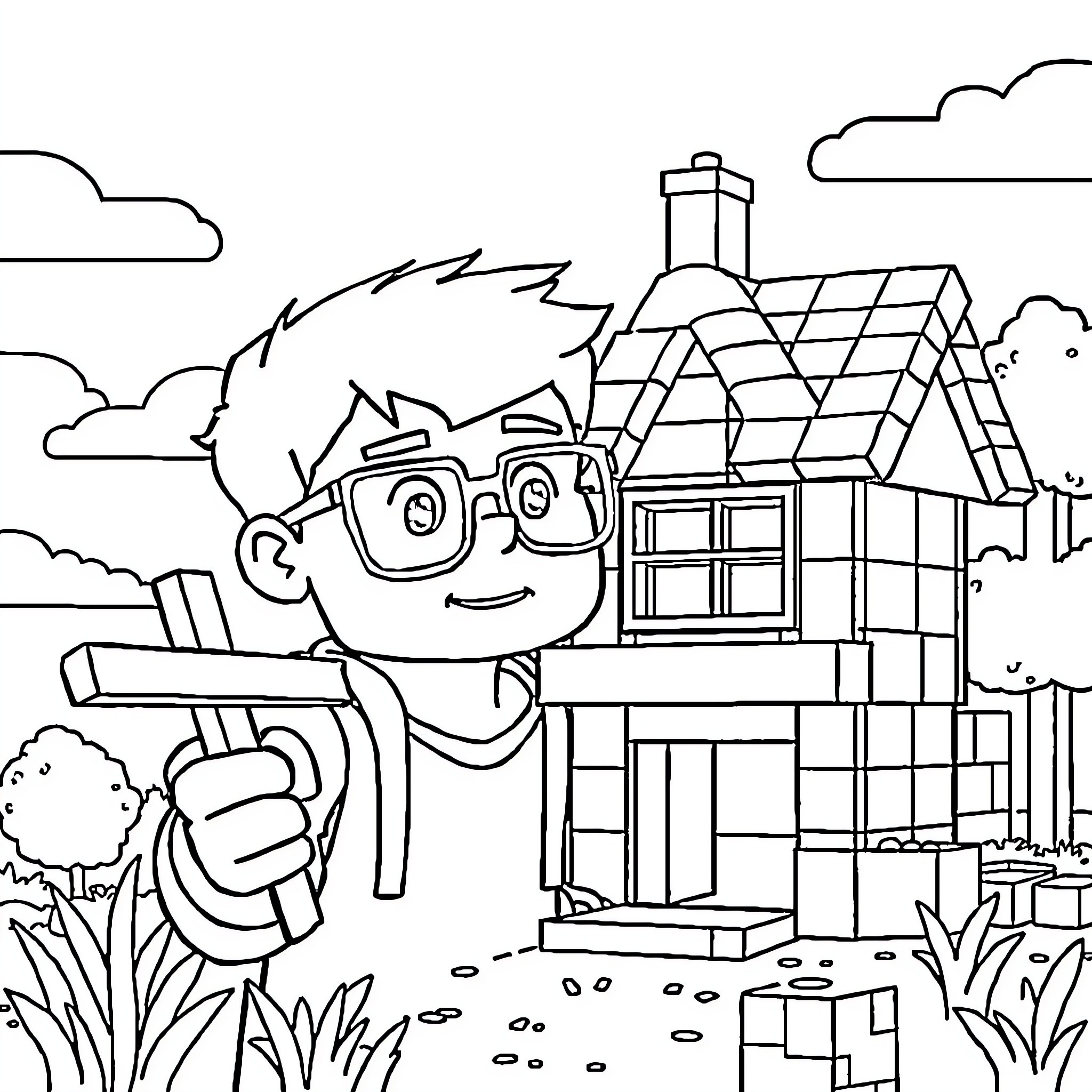Boy exploring the outdoors near a house Coloring Page (free black-and-white line drawing printable PDF for all, from beginners to advanced learners, including children, teens, adults, and seniors)