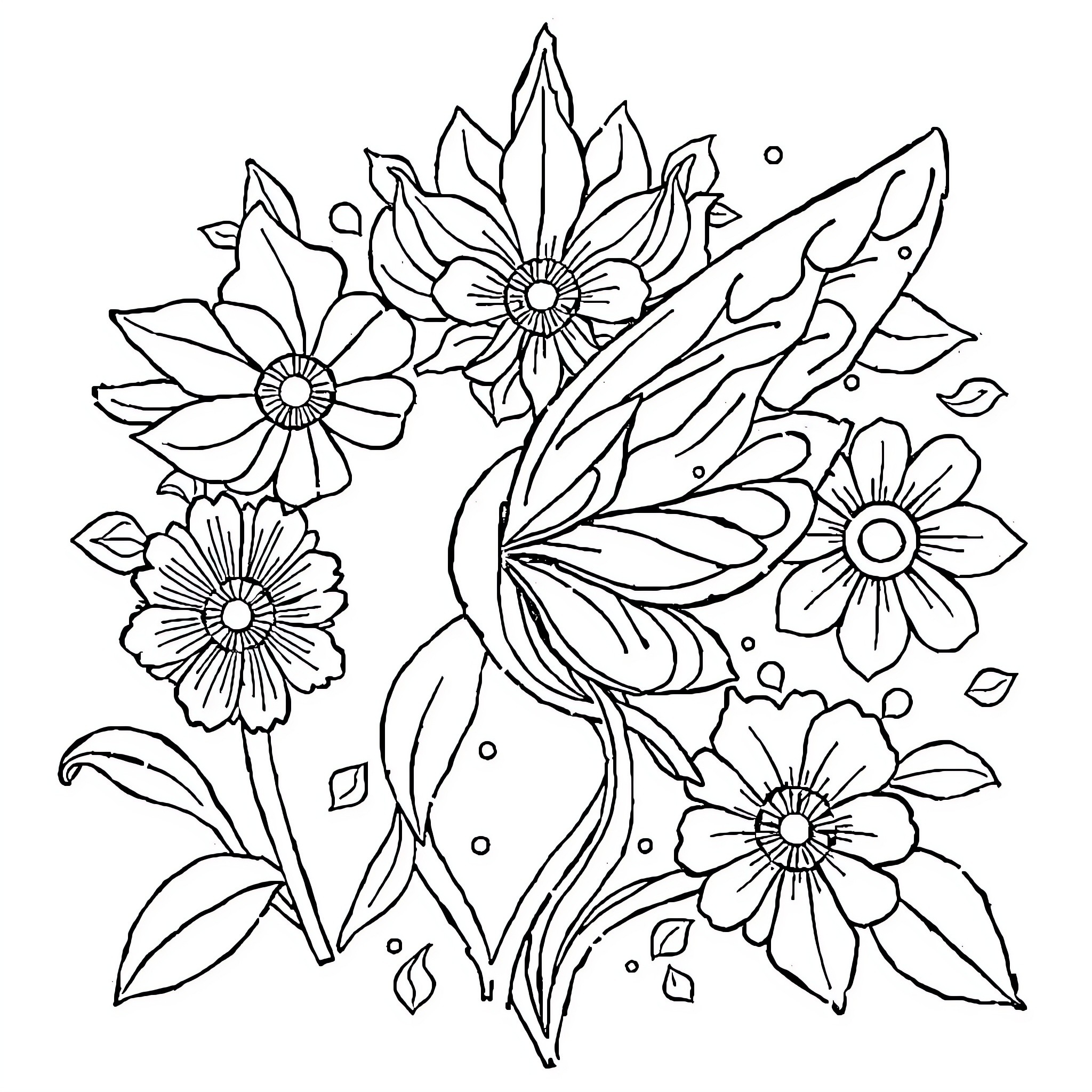 Wonder Floral Abstraction with Blooming Flowers Coloring Page (free black-and-white line drawing printable PDF for all, from beginners to advanced learners, including children, teens, adults, and seniors)