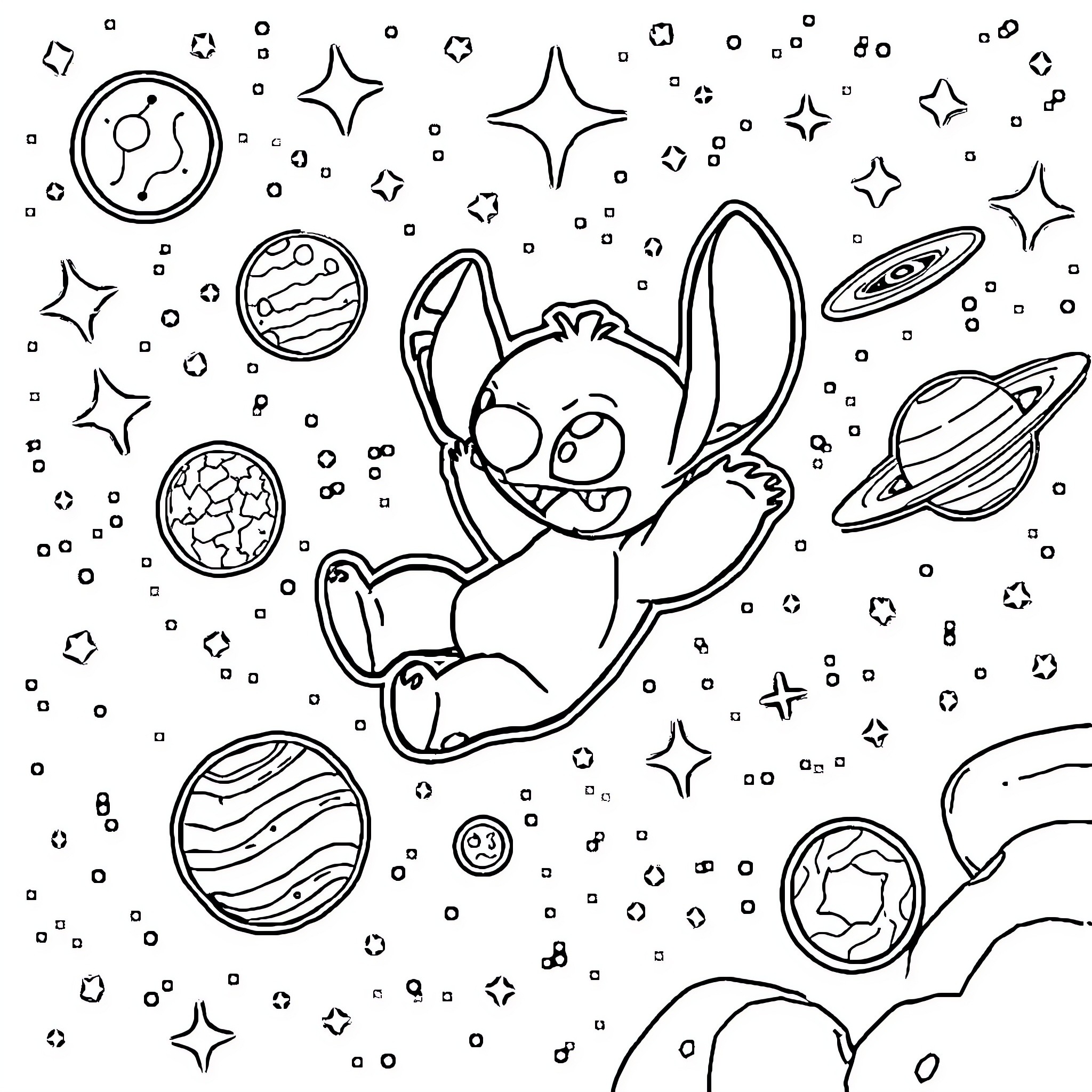 Stitch floating amongst celestial bodies and stars Coloring Page (free black-and-white line drawing printable PDF for all, from beginners to advanced learners, including children, teens, adults, and seniors)