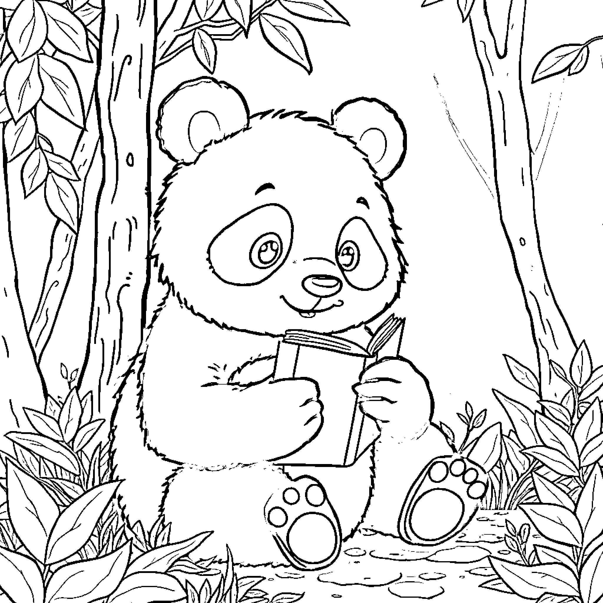 Panda reading a book in the forest Coloring Page (free black-and-white line drawing printable PDF for all, from beginners to advanced learners, including children, teens, adults, and seniors)