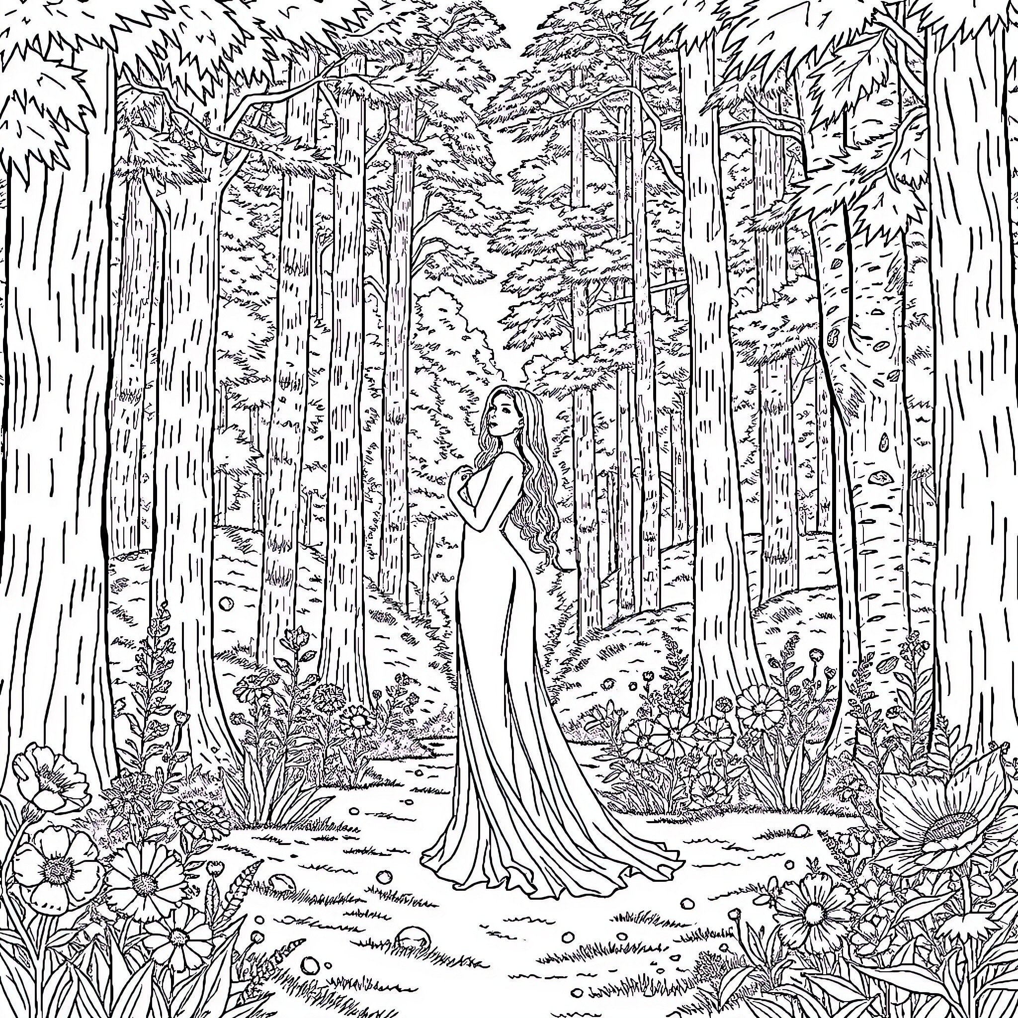 Woman in a Serene Forest Landscape Coloring Page (free black-and-white line drawing printable PDF for all, from beginners to advanced learners, including children, teens, adults, and seniors)