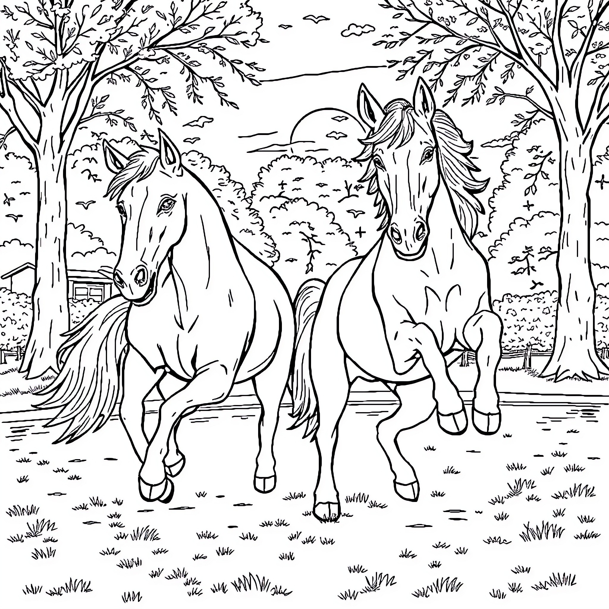 Dog friends galloping through the woodland landscape Coloring Page (free black-and-white line drawing printable PDF for all, from beginners to advanced learners, including children, teens, adults, and seniors)