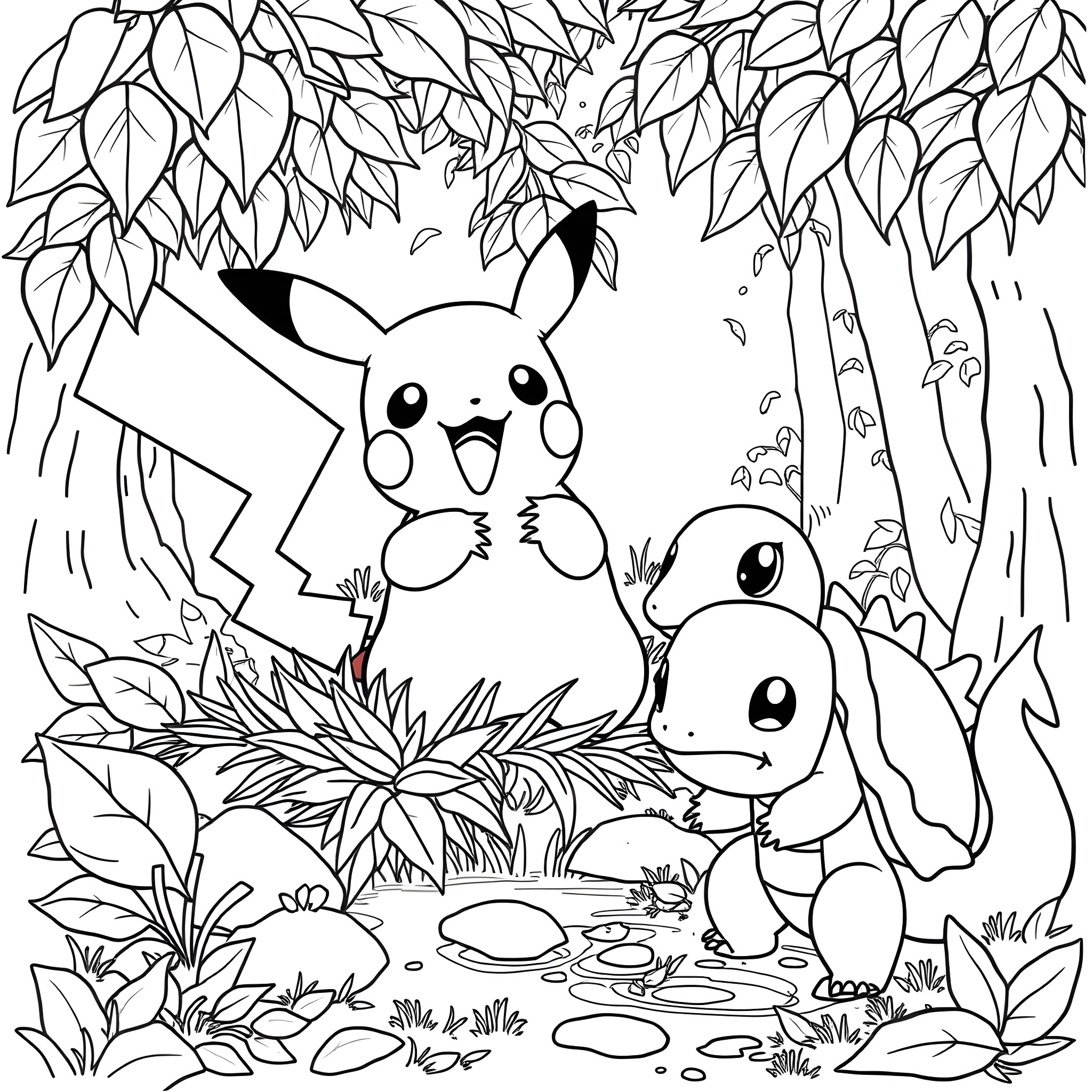 Pikachu and its friend exploring the nature Coloring Page (free black-and-white line drawing printable PDF for all, from beginners to advanced learners, including children, teens, adults, and seniors)