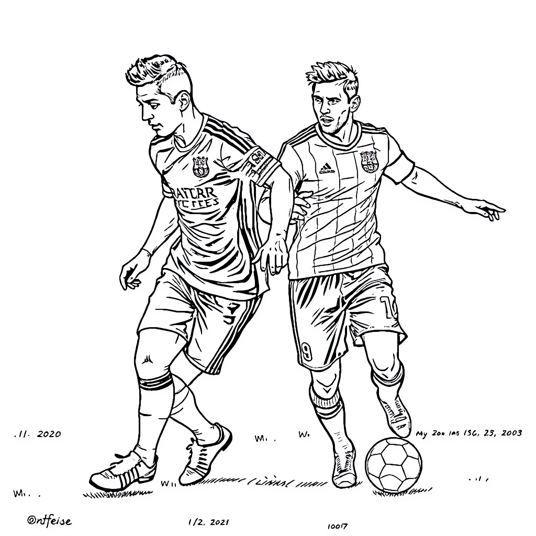 Cristiano Ronaldo and Lionel Messi in Soccer Uniforms Coloring Page (free black-and-white line drawing printable PDF for all, from beginners to advanced learners, including children, teens, adults, and seniors)