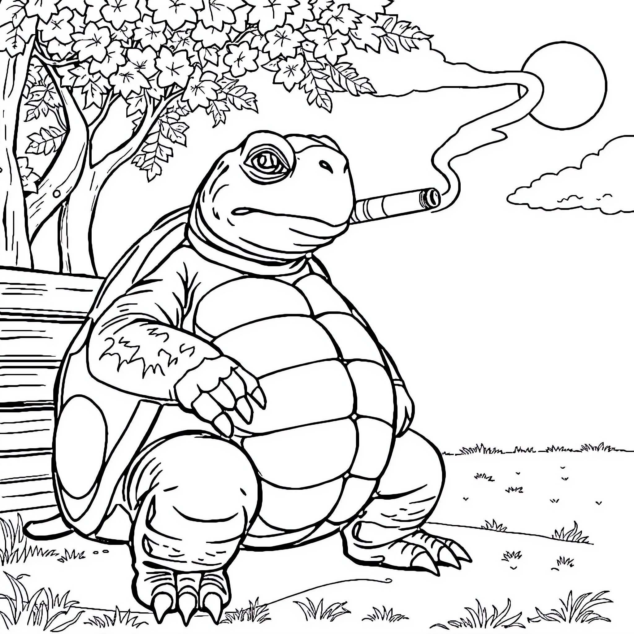 Turtle Smoking a Pipe in the Outdoor Garden Coloring Page (free black-and-white line drawing printable PDF for all, from beginners to advanced learners, including children, teens, adults, and seniors)