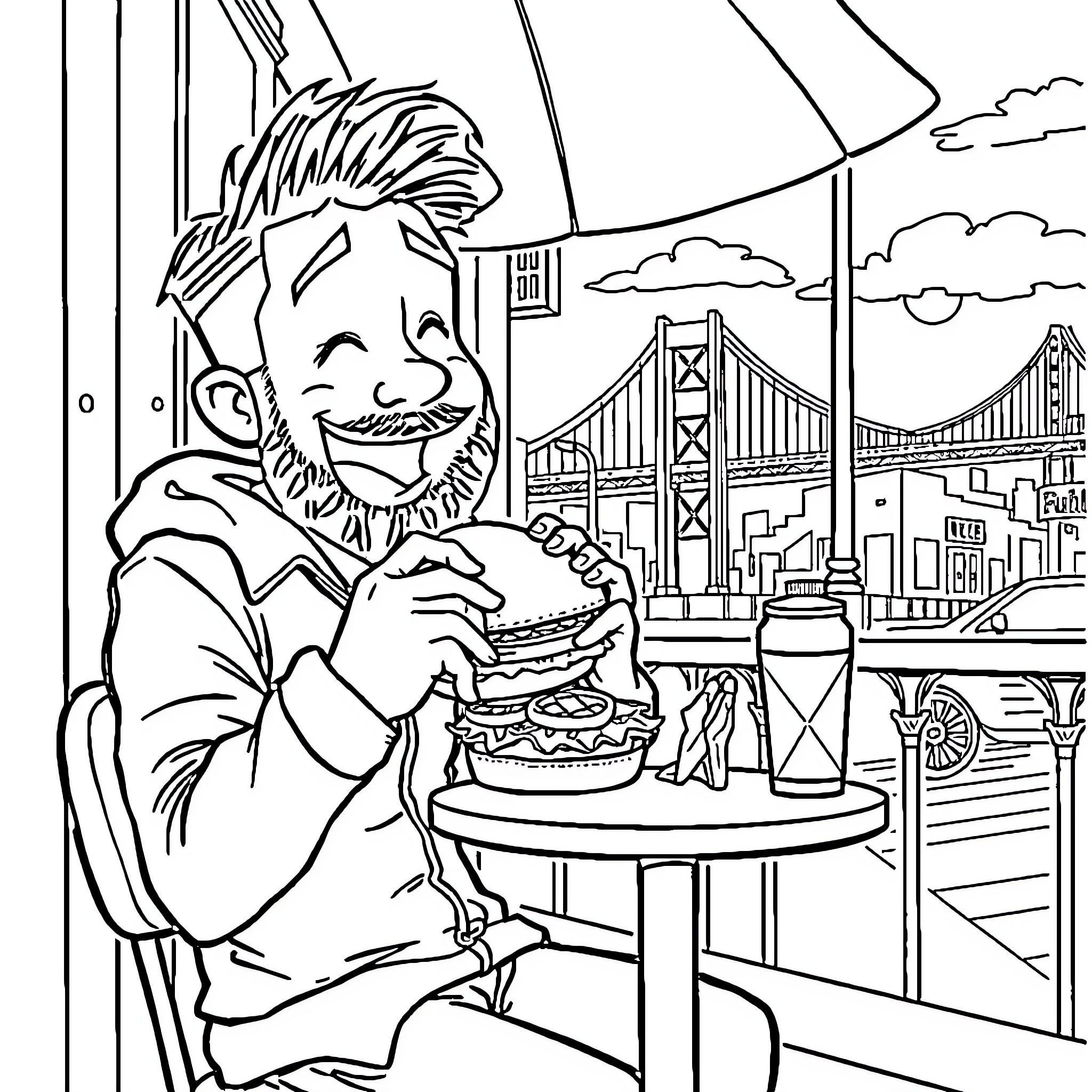 Jey Uso enjoys a tasty meal with a scenic city view Coloring Page (free black-and-white line drawing printable PDF for all, from beginners to advanced learners, including children, teens, adults, and seniors)